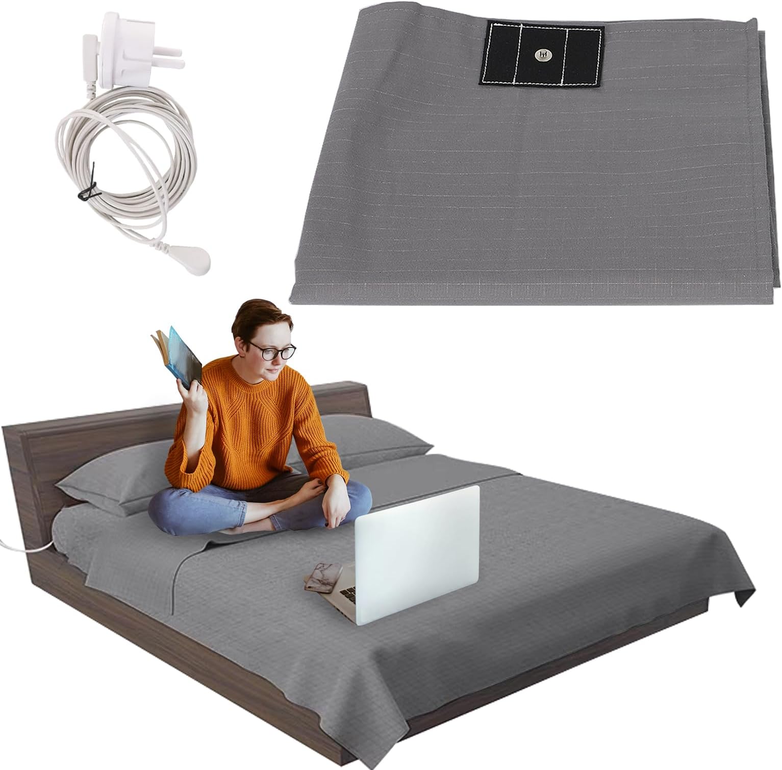 Grounding Bed Sheet, Ground Connected Bed Linen, Conductive Ground Fitted Sheet with EU Grounding Cable and Earth Plug, 10% Silver Thread Content (90 x 230 cm)