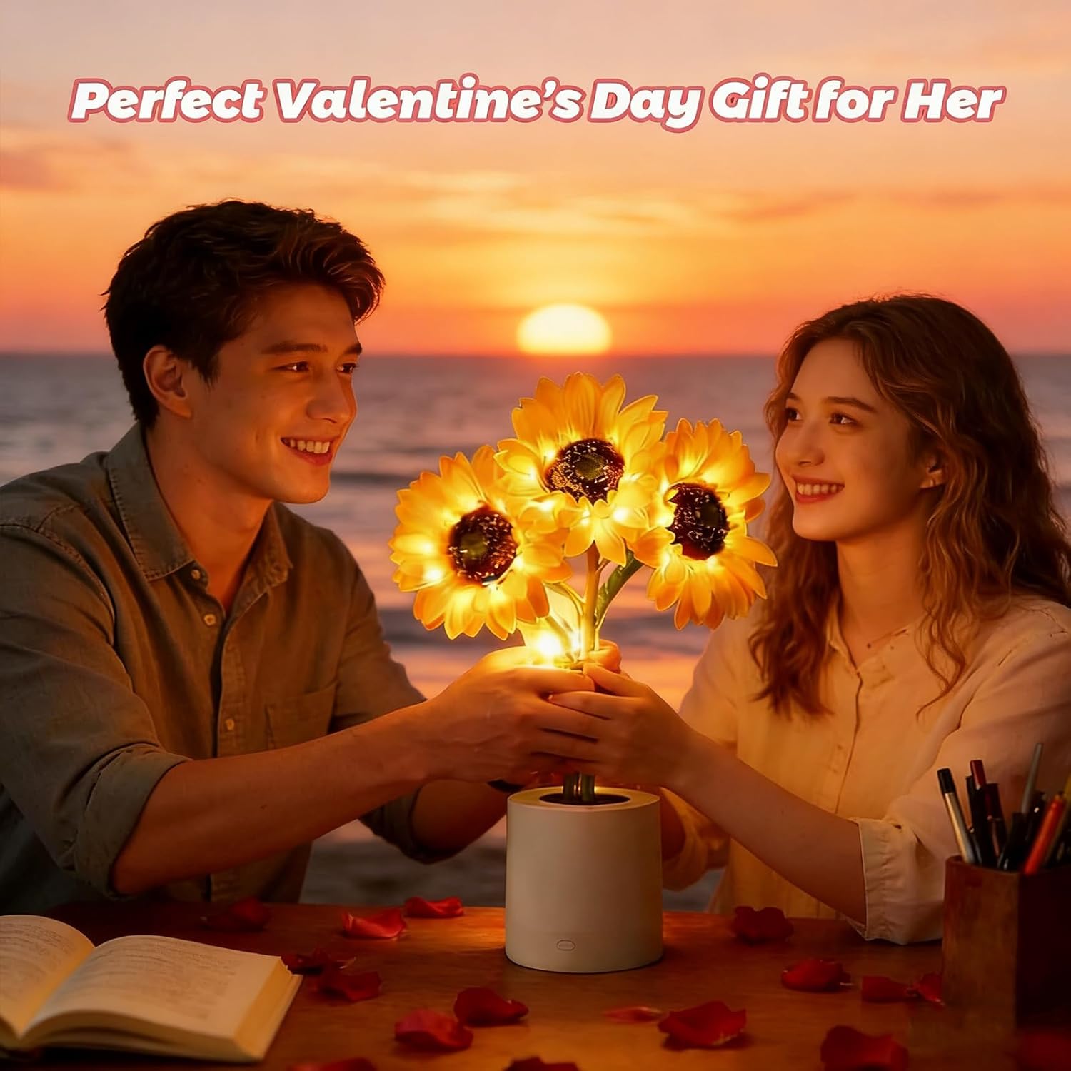 Shimmering Sunflower Lamp, Sunflowers Flower Lamp Night Light for Bedroom Decor, 2-Color Dimming, Table Lamp for Bedroom, Valentine’s Day Birthday Gift (2pcs)