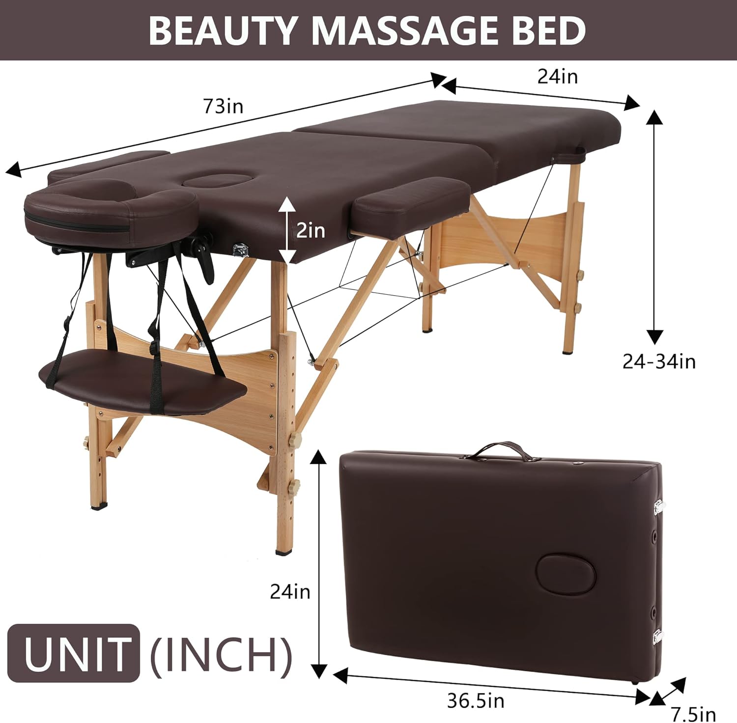 Massage Table 84" Portable 2 Folding Massage Bed with Carrying Case Spa Bed Adjustable Height Salon Bed Face Cradle Bed Brown
