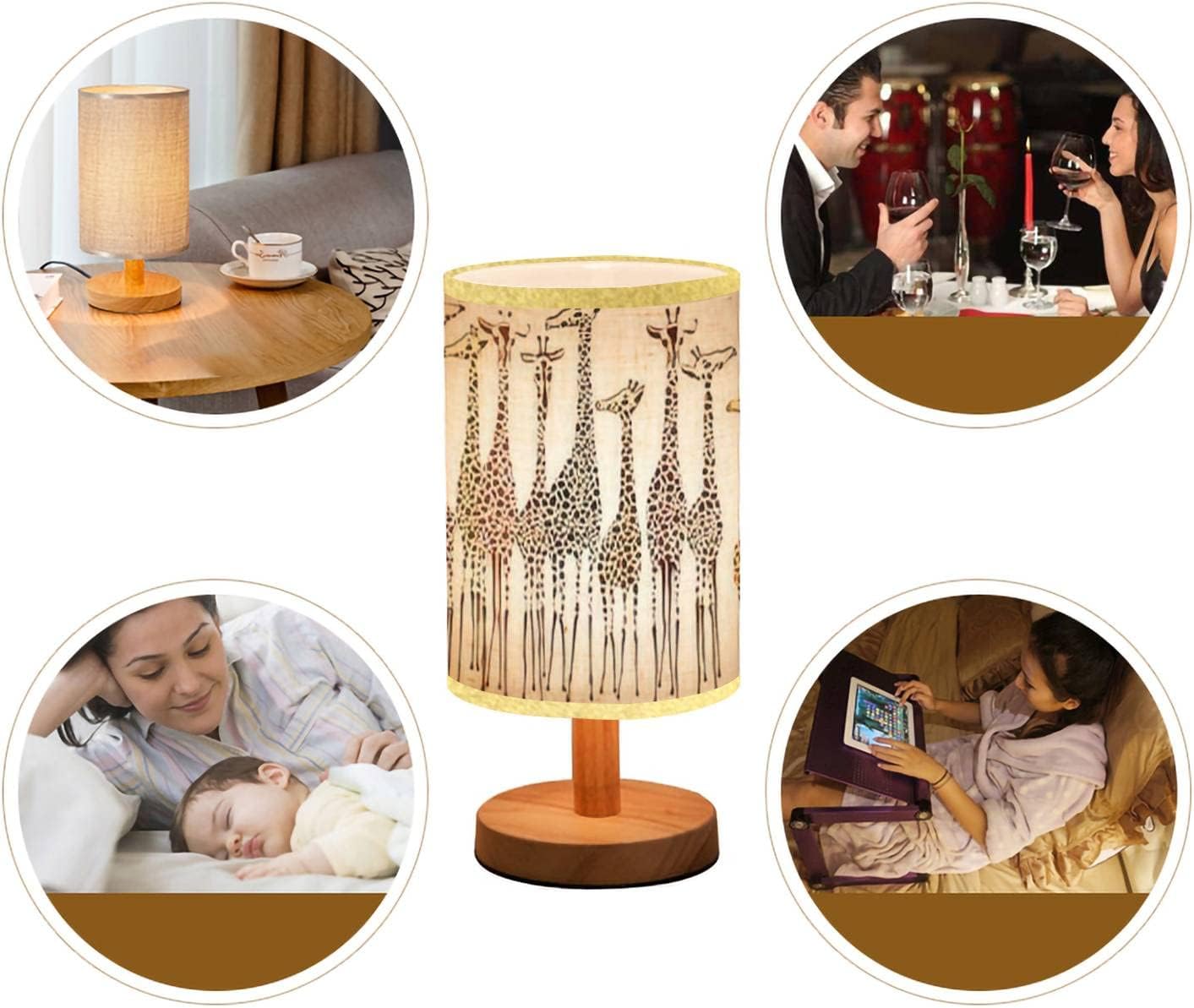 Minimalist Bedside Table Lamp Giraffes Wood Nightstand Lamp Bedside Desk Lamp Wood Base Flaxen Fabric Shade for Bedroom Living Room, 5.5x11inch