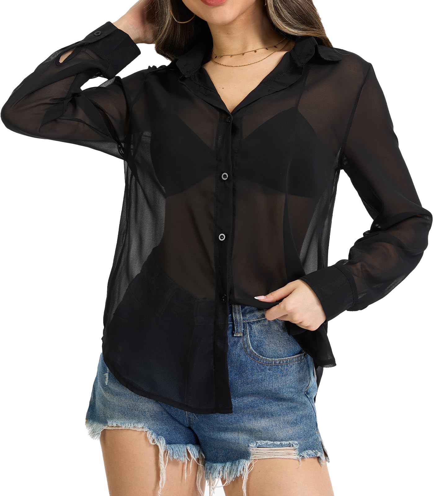 Chemises en Mousseline Transparente pour Femmes Noires et Roses Style Classique boutonnées Manches Longues