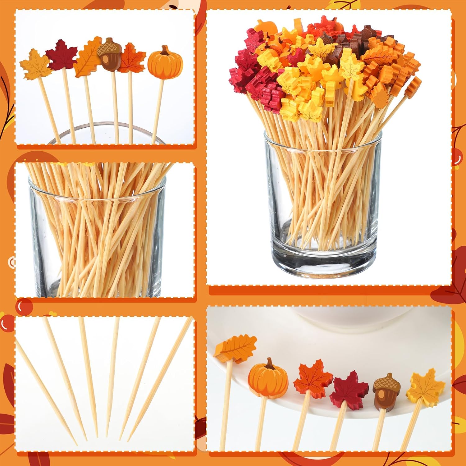 Pickmesh 600 Pcs Christmas Cocktail Picks 4.7 Inch Candy Bamboo Toothpicks Cocktail Skewers for Drinks Party Decorations for Appetizers Fruit Drinks Xmas Party Supplies(Maple Leaves Style)