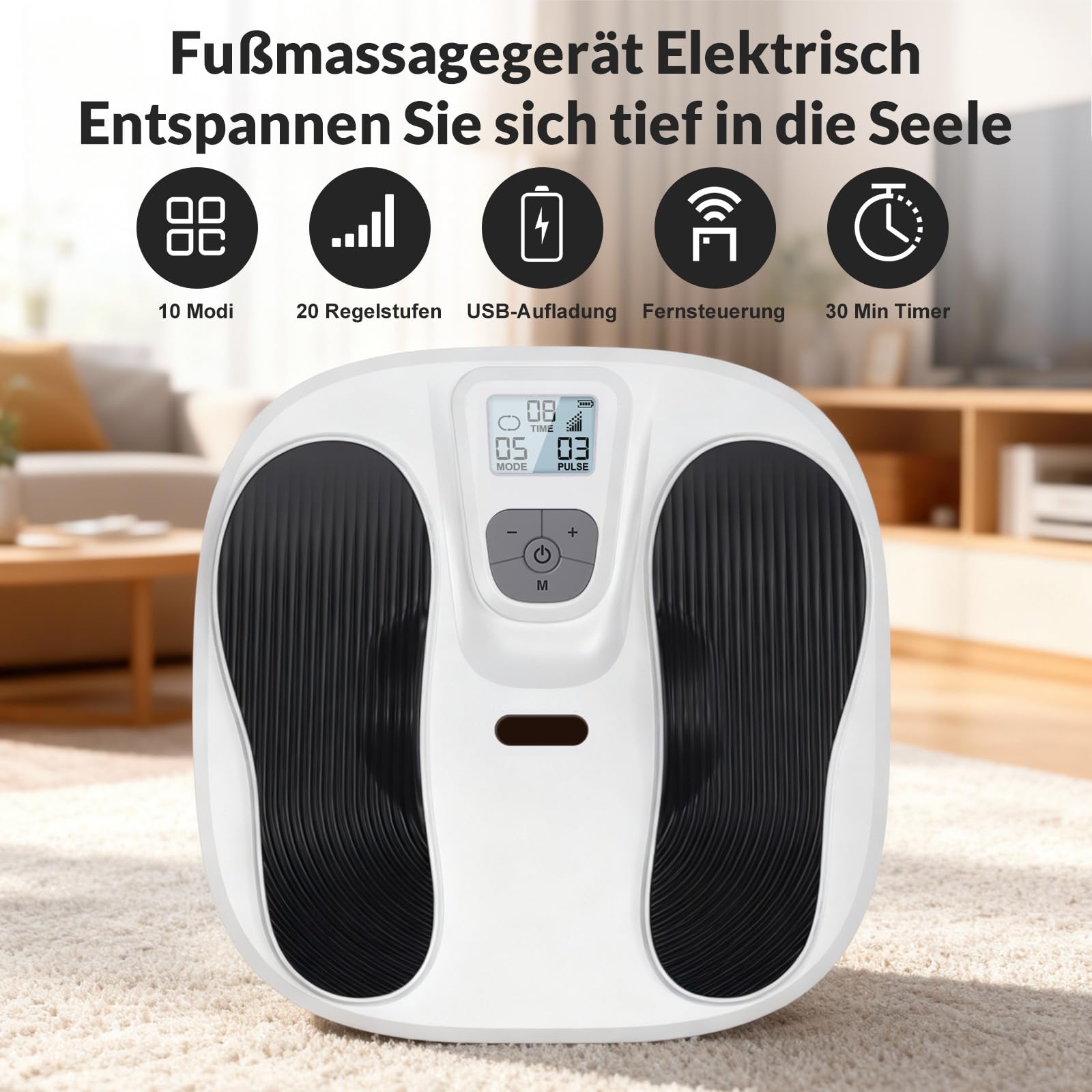 Medic Durchblutungsstimulator für Beine, EMS Fußmassagegerät Elektrisch mit 10 Modi & 20 Intensitätsstufen, Durchblutungs-Stimulator zur Neuropathie, Linderung von Plantarfasziitis & Schmerz (Weiß)