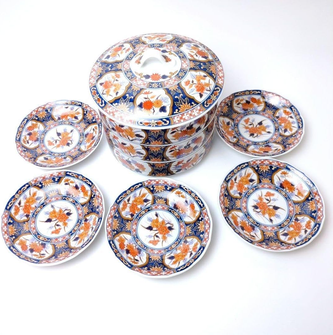 美濃焼 庫山窯 染錦花紋 三段重 お重 重箱 中鉢 古伊万里 小皿5枚