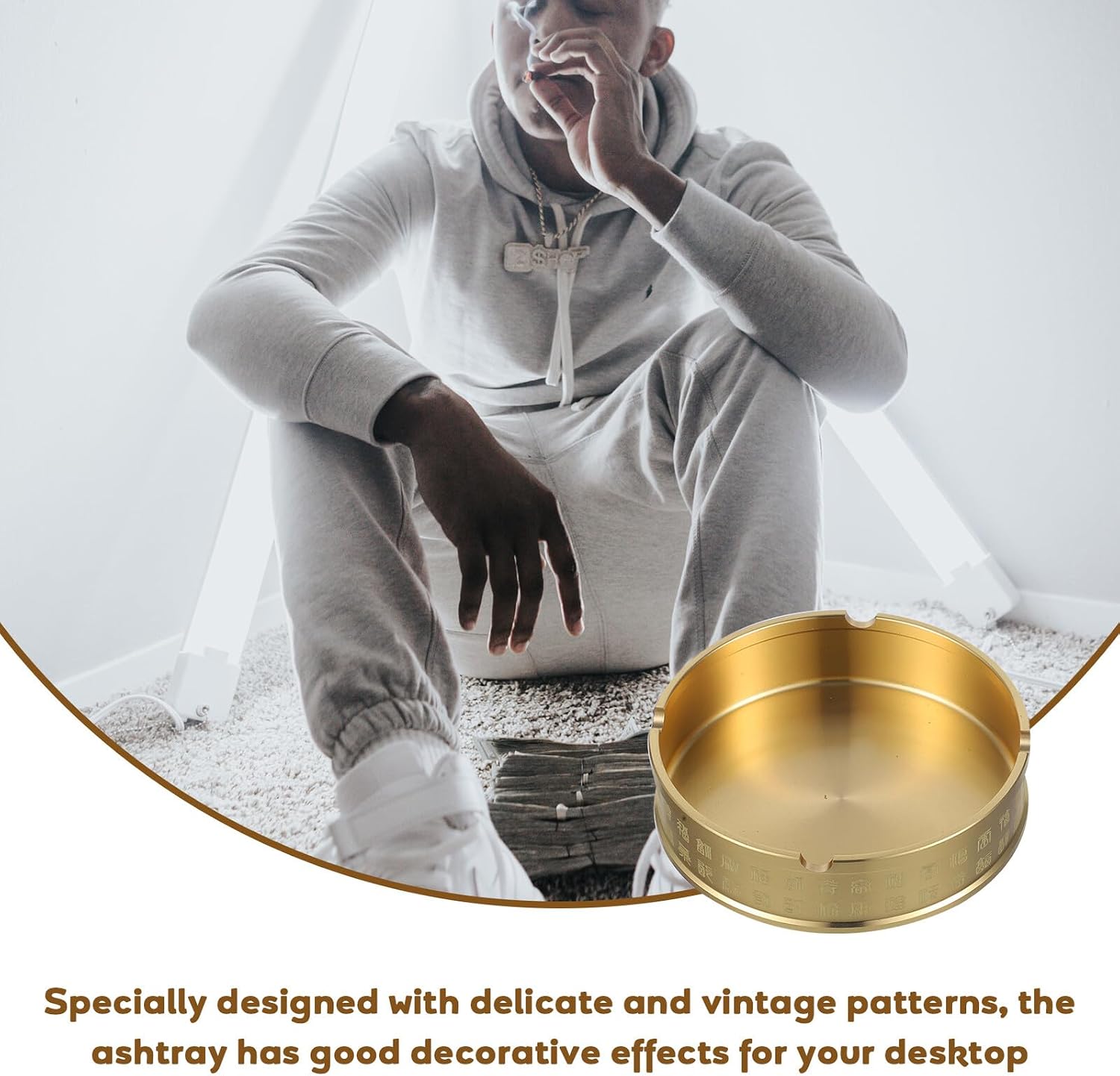 SHINEOFI Retro Round Copper Ashtray 3.22 Inch Household Tabletop Metal Ash Tray with Smooth Edges Easy to Clean Decorative Cigarette Butt Holder for Home Office Bar