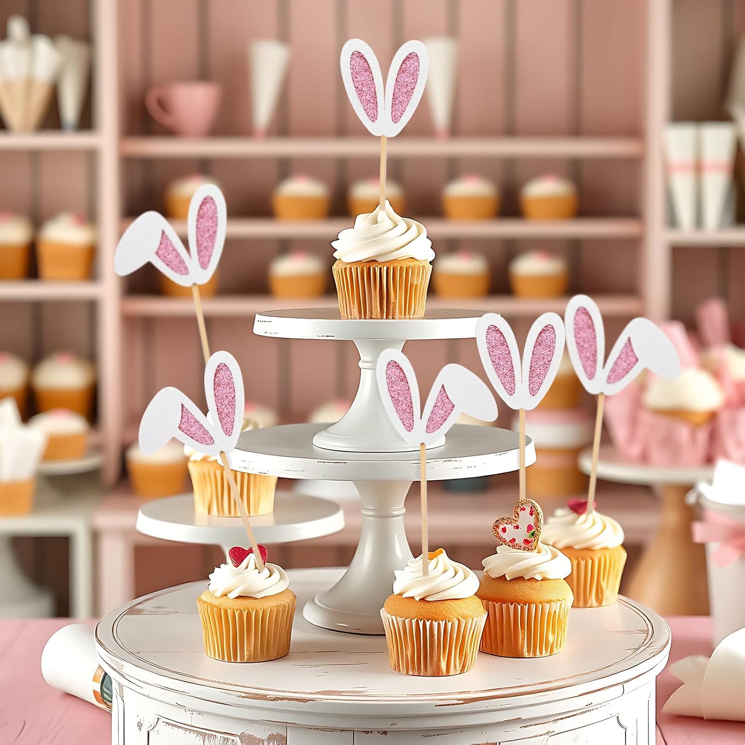 24 Pack Easter Bunny Ear Cupcake Toppers Glitter Easter Party Decorations Bunny Ear Cupcake Toppers Happy Birthday Cupcake Picks for Spring Birthday Baby Shower Party Supplies - Rabbit Lover
