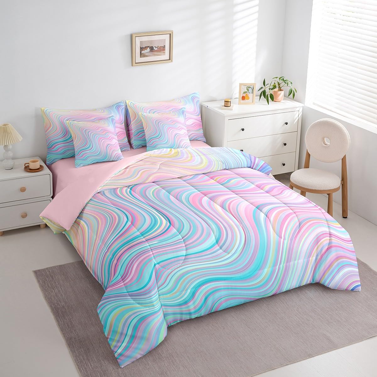 Feelyou Girls Pink Rainbow Comforter Set with Sheets Full Size Kids Stripe 7 Pieces Bedding Set for Boys Teens Die Tye Bed in a Bag Breathable Geometric Bed Set Gift for Girls Women