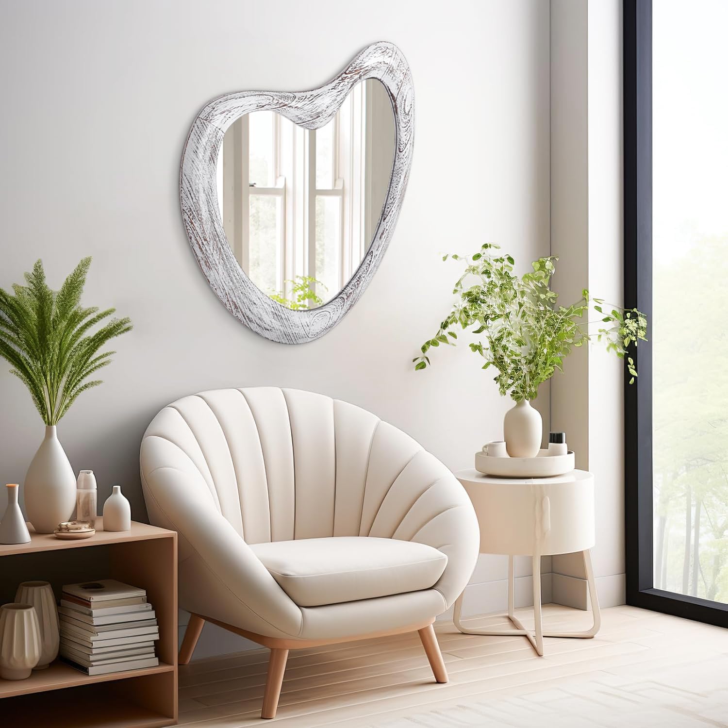 Espejo de pared irregular, asimétrico, con marco de madera, moderno y único, decorativo para baño, salón, dormitorio, entrada, pasillo, grande, 65 x 45 cm, blanco rústico