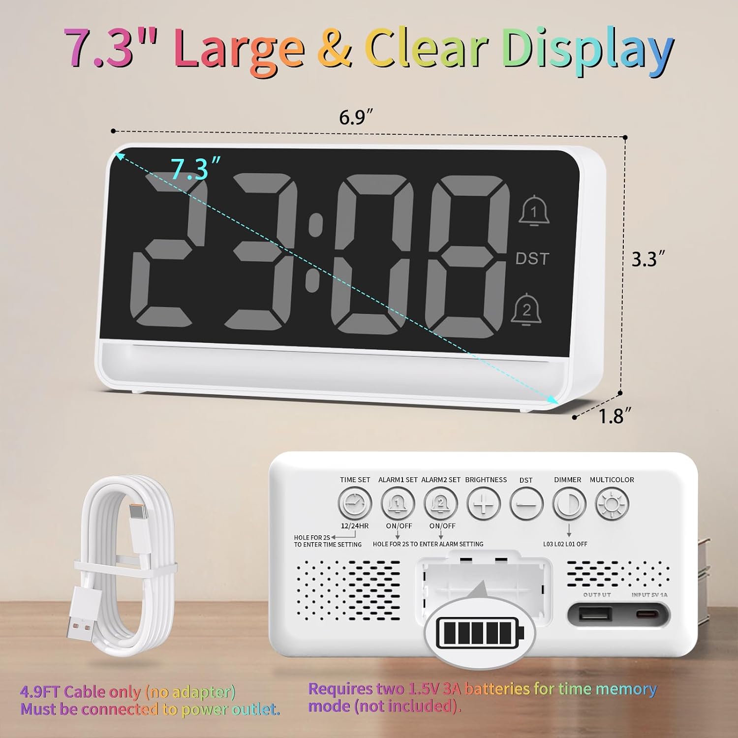 Alarm Clock for Bedroom, Digital Clock with RGB Night Light, Adjustable Clock for Heavy Sleepers, USB Charger, Large Display, Modern Decor for Desk, Dimmable Alarm Clock for Kids(White)
