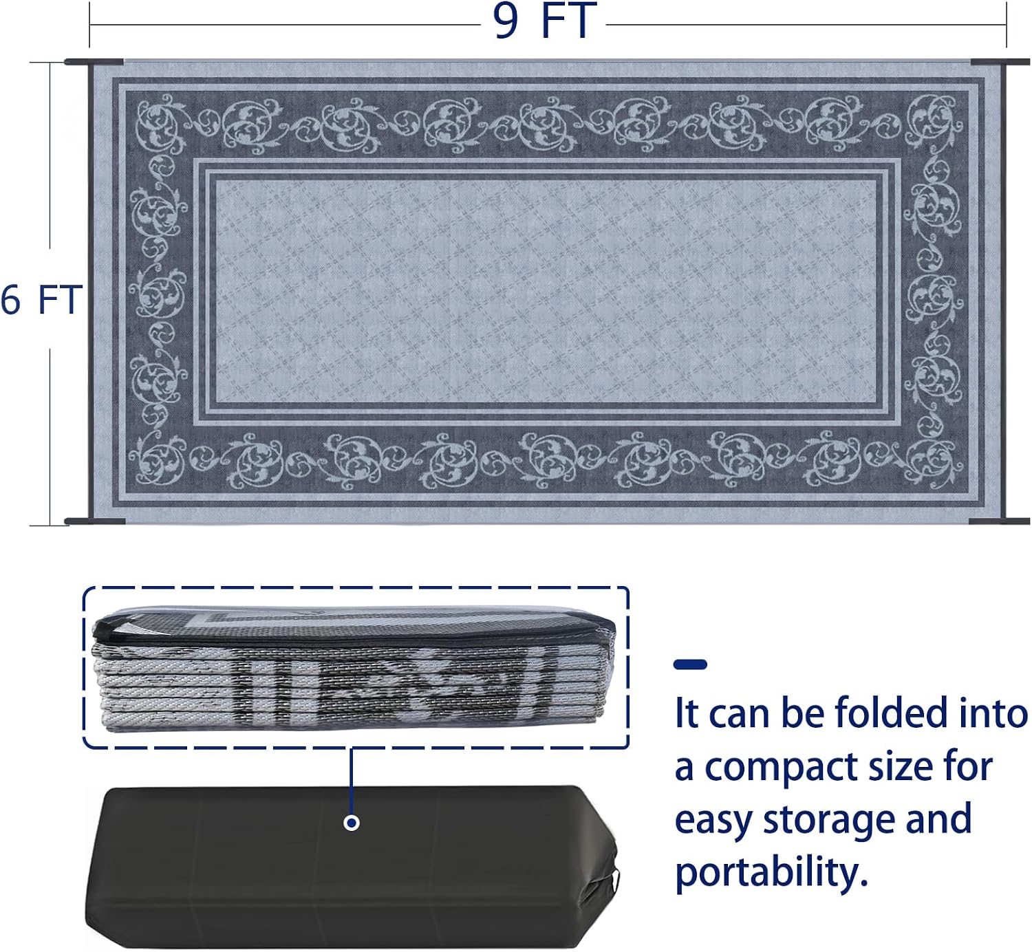 EEZ RV Products 9ft x12ft Vine Grey Reversible/Durable Outdoor Patio/RV Mats Come with Large Storage Bag & 6 Sets of Stakes and Washer
