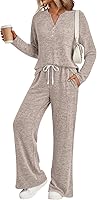 Lillusory Women's 2-Piece Lounge Set Sweatsuit - Cozy V-Neck Long Sleeve Matching Pajamas for Fall Winter Travel Home Lounge
