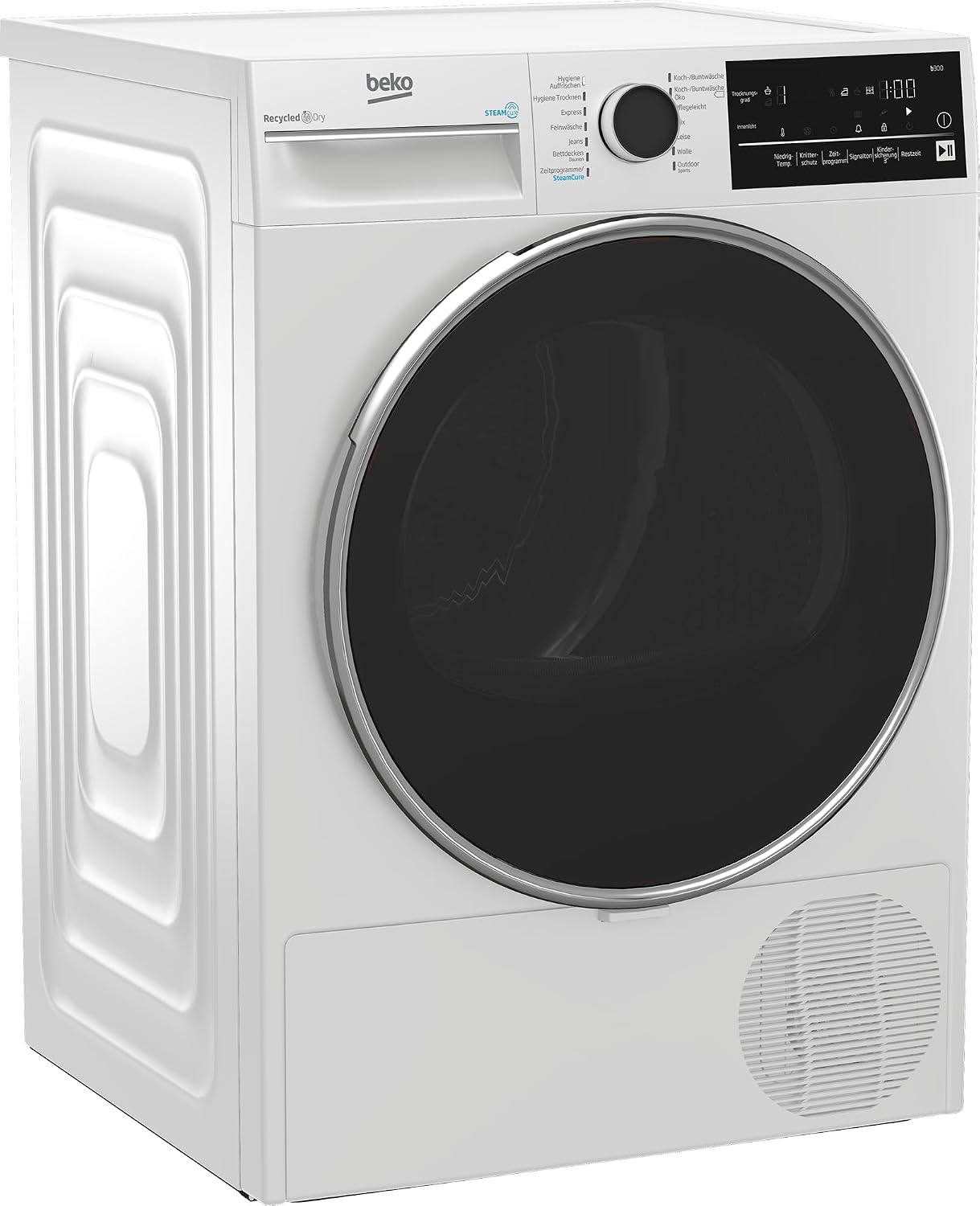 Side view of the Beko B300 B3T42240S Tumble Dryer with dimensions indicated