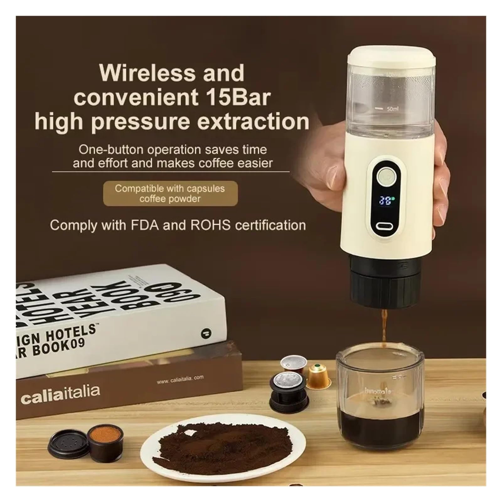 EDEDE Macchina da caffè Espresso Portatile, Macchina for caffè Italiano Portatile Senza Fili, Macchina elettrica for Capsule Concentrate for casa, all'aperto, Ricarica Rapida per Viaggi, Campeggio