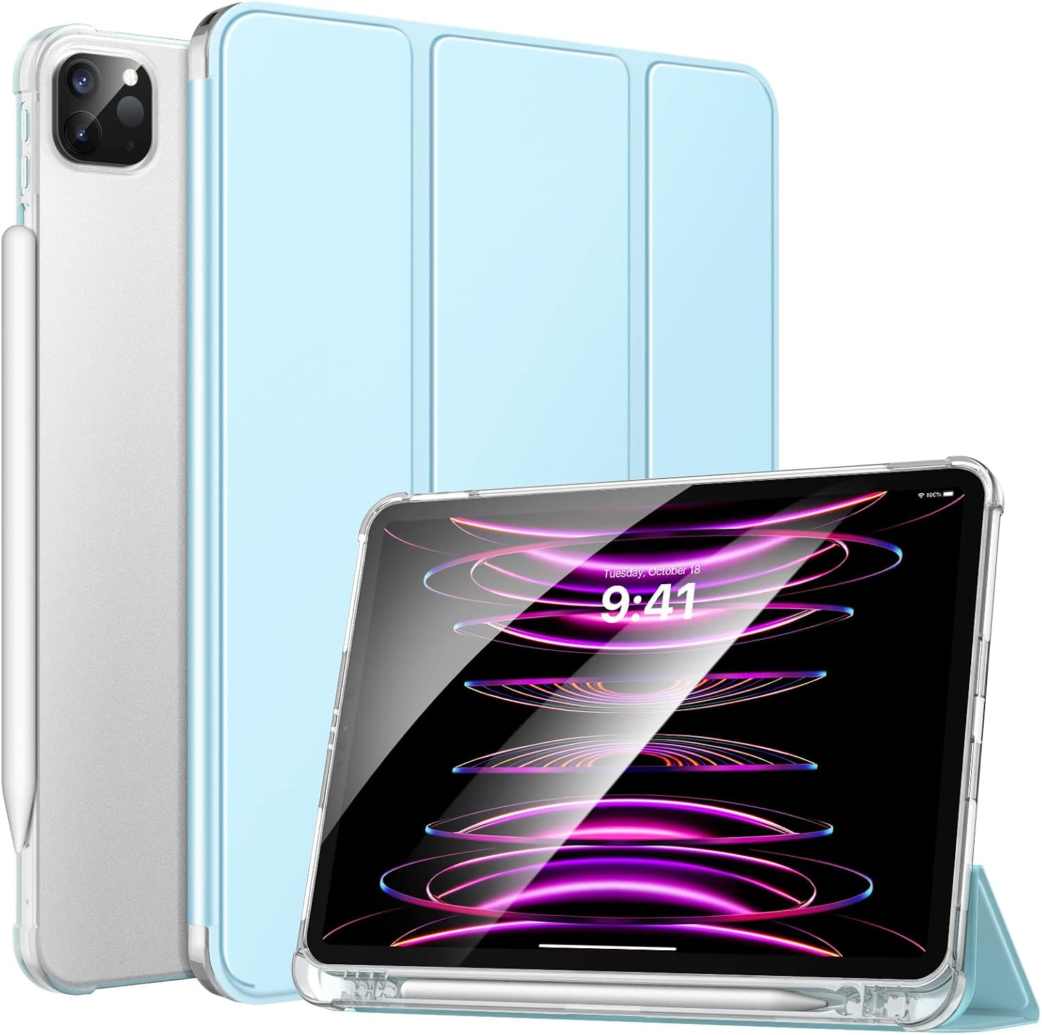 MoKo Case Fit New iPad Pro 12.9 6th Generation 2022/5th Gen 2021 - Smart Trifold Shell Cover with Pencil Holder, Soft TPU Translucent Back Case for iPad Pro 12.9-inch, Auto Wake/Sleep, Sky Blue