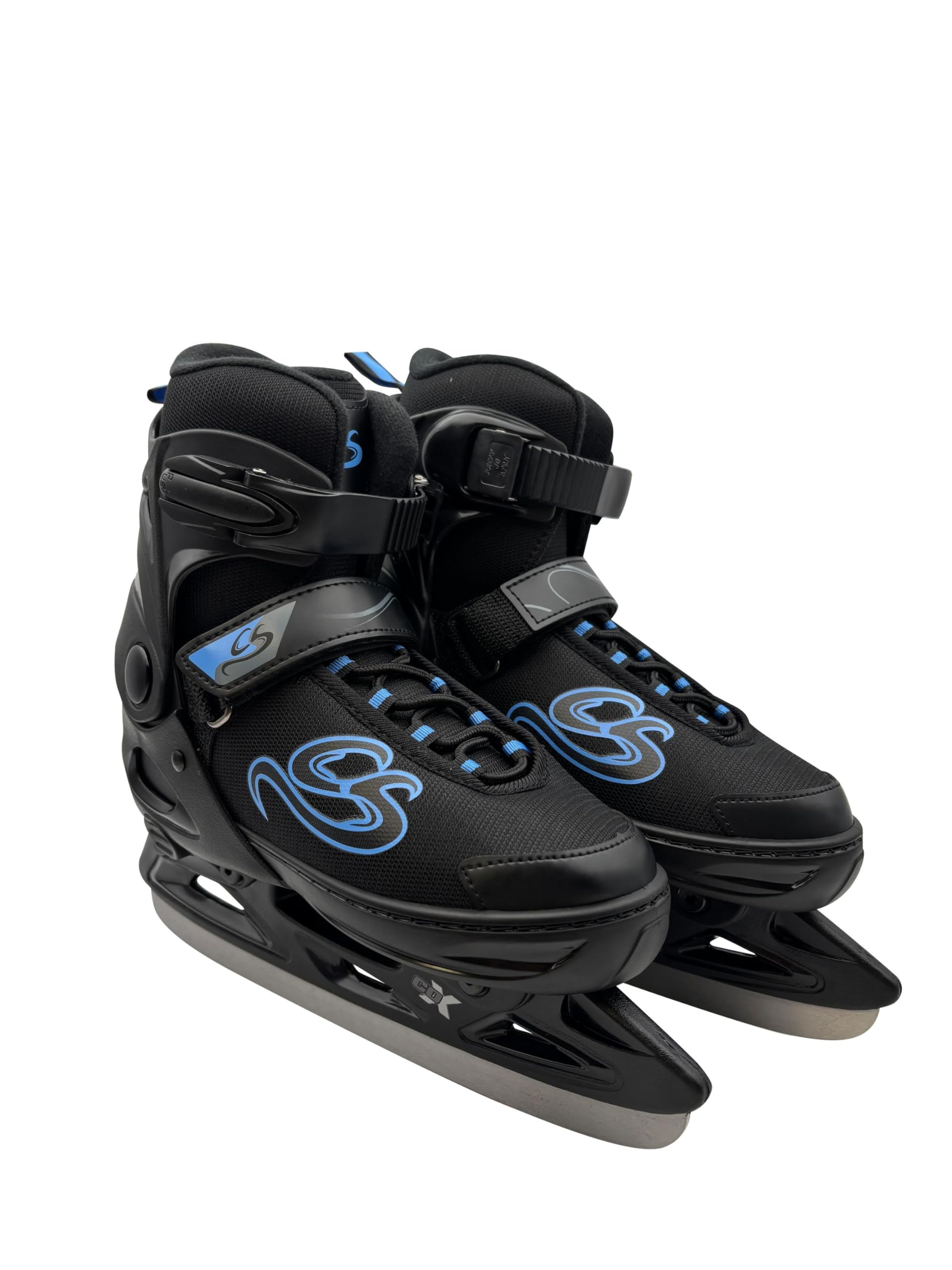 Cox Swain verstellbare Schlittschuhe Crystal, Eislaufschuhe für Kinder, Jugendliche und Erwachsene bis 100KG, vorgeschliffene Edelstahlkufe, Softboot, Black/Blue Gr. XS (29-32)
