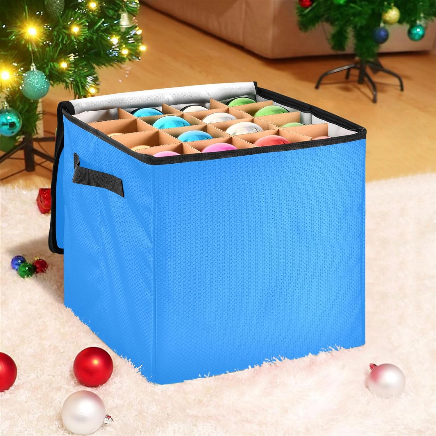 High Capacity Christmas ornament organizer Holds Up to 64, Adjustable Dividers, Zippered Top, Two Handles foldable Holiday Storage Case with Lid,Blue