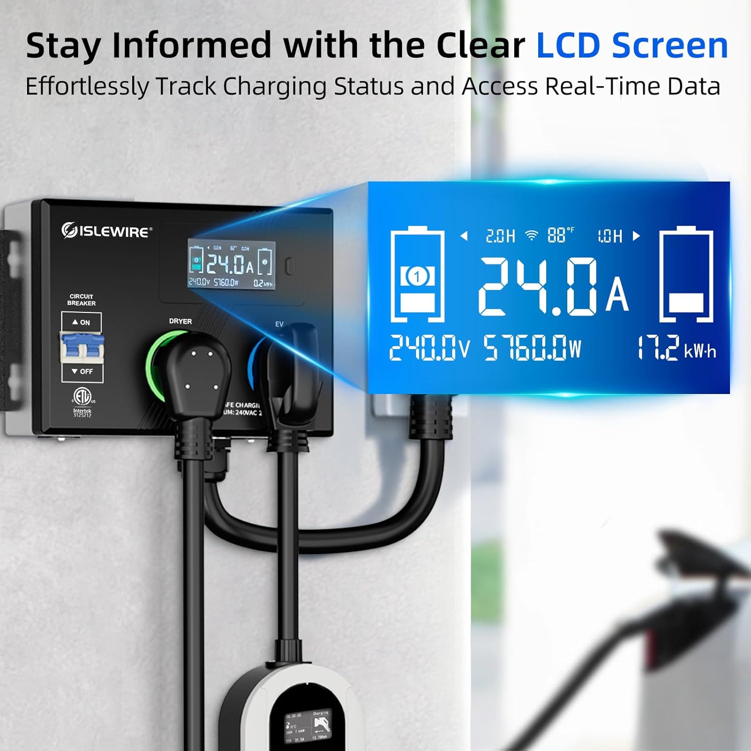 Smart Dryer Splitter for EV and Dryer, 240V Auto Power Switch for Dryer Outlet, 3-Color LED Ring, 3.4 in LCD Display, No Rewiring Needed, ETL Certified (24 Amp, NEMA 10-30)