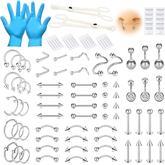 AVYRING Piercing Kit for Nose Septum Belly Button Eyebrow Lip Tongue Ear Cartilage Tragus Helix Piercing with Jewellry, 316L Stainless Steel Piercing Tools and Supplies
