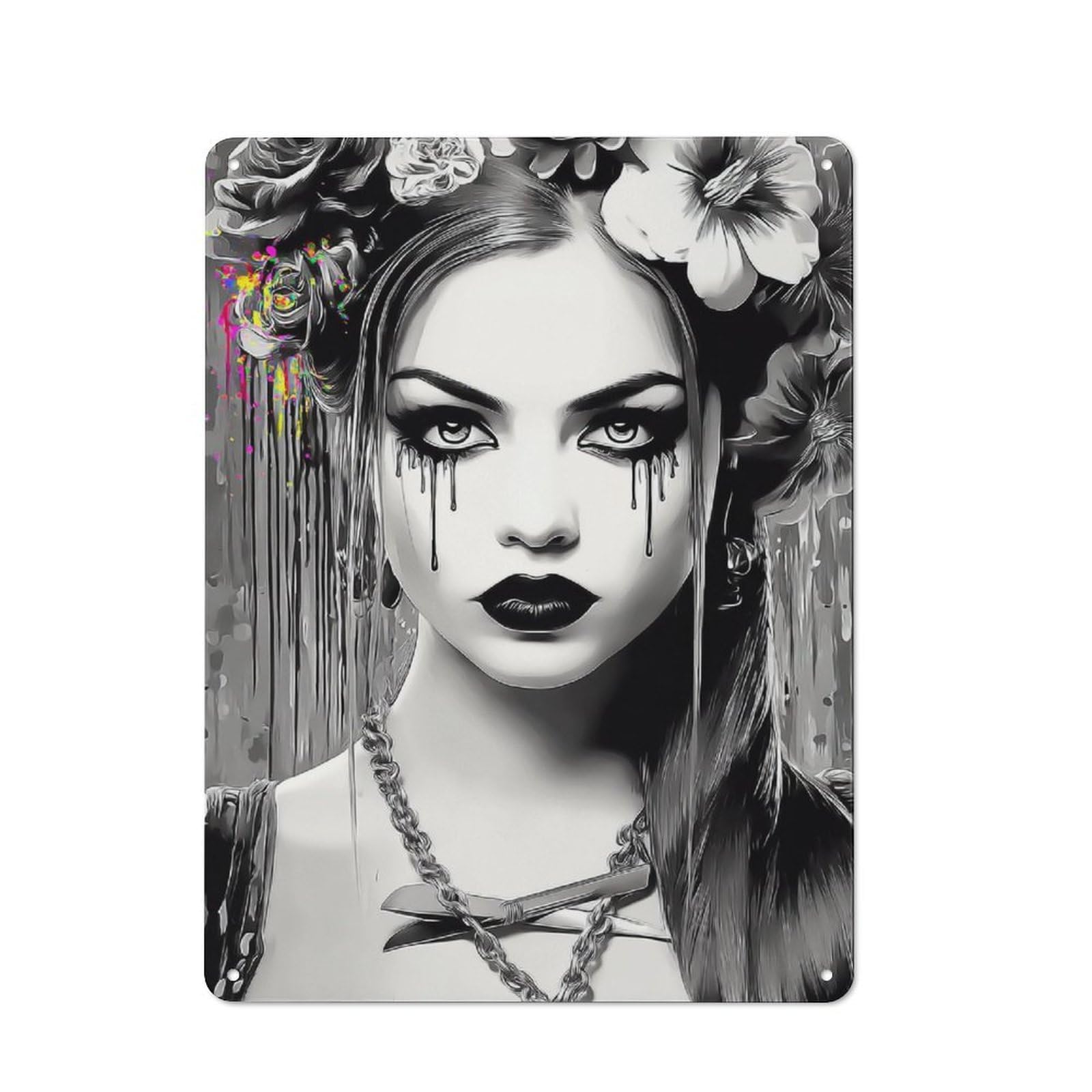 Junmoney Dark Beauty With Floral Crown Metal Wall Sign 40X30cm Featuring For Café Or Restaurant, A Decorative Metal Sign For Cafés And Restaurants
