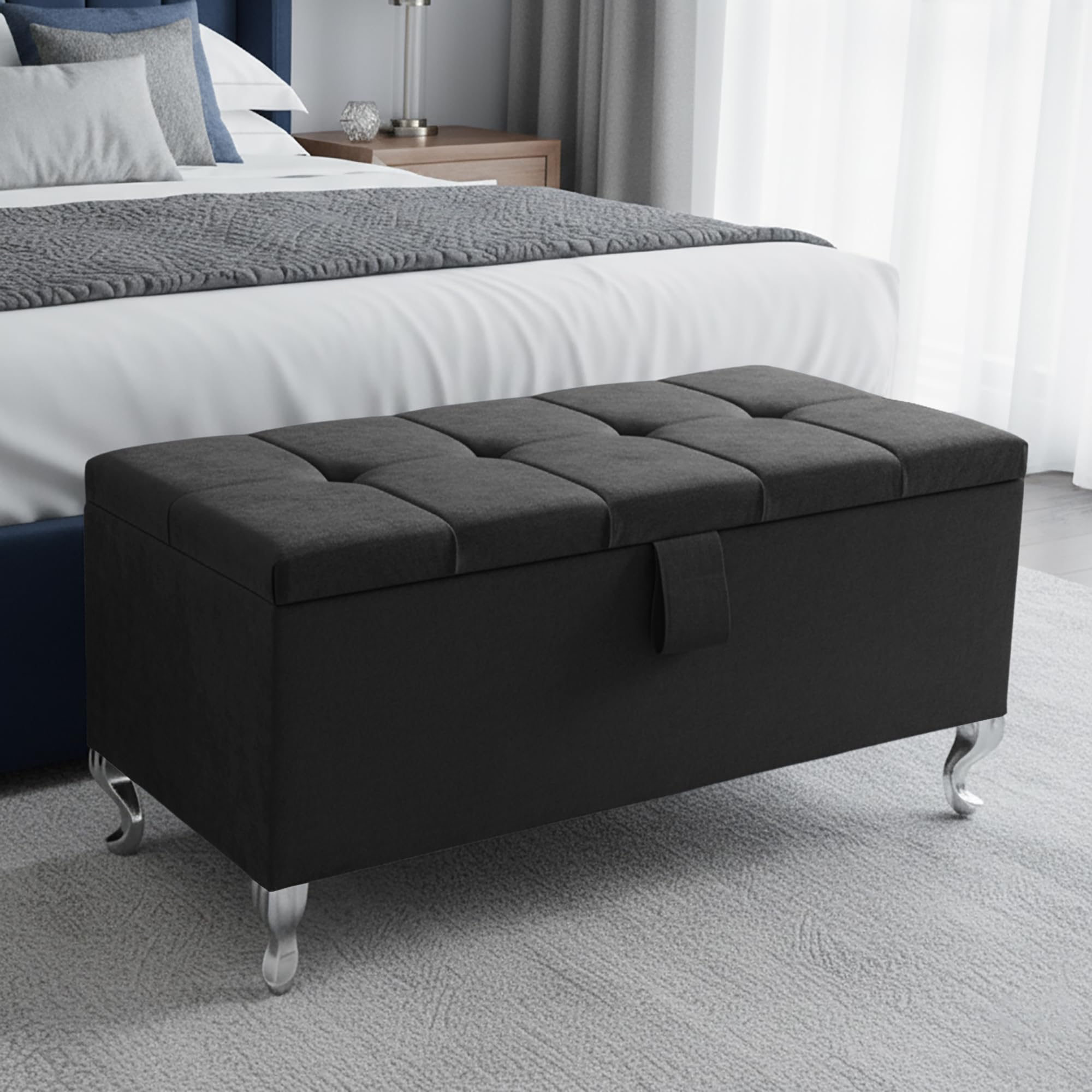 Aiza's Ottoman Storage Box - Large Cube Style Engineered Wood Luxurious Plush Velvet Ottoman Storage Bench - (Black Plush, Legs)