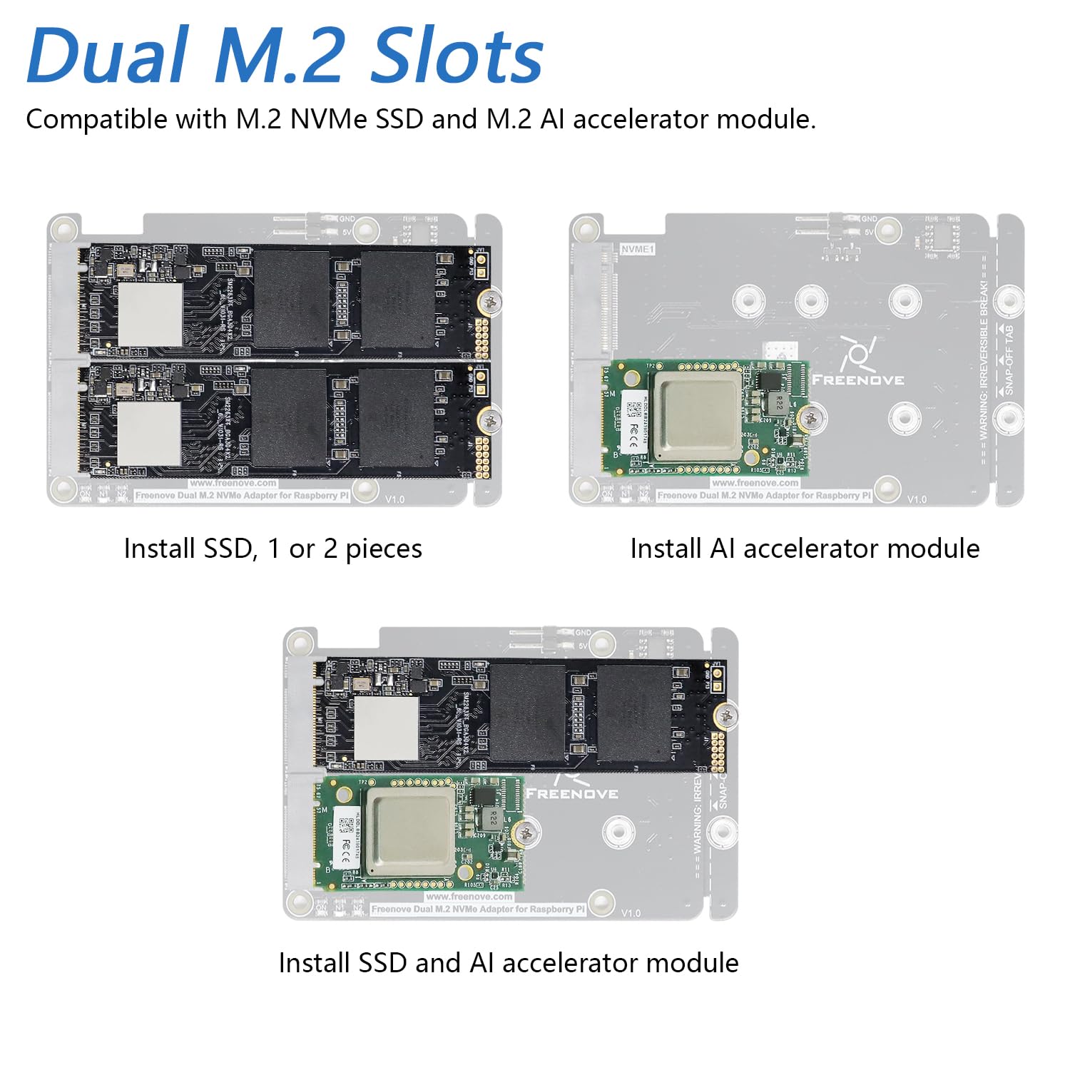 Freenove Dual M.2 NVMe SSD HAT for Raspberry Pi 5, M.2 Adapter AI HAT 2 Slots NAS RAID Kit, Solid State Drive Size 2230 2242 2260 2280, PCIe 2.0 Max Speed 500 MB/s, Detailed Tutorial