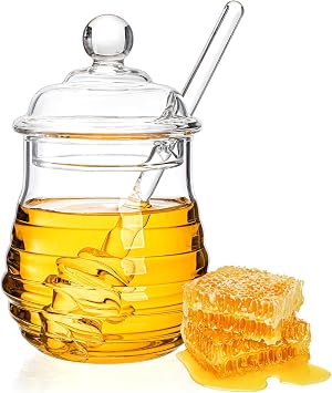 Lawei Glass Honey Jar with Dipper and Lid, 10 OZ Heat-Resistant Bee Hives Honey Pot, Clear Glass Honey Container for Store Honey and Syrup, Home and Kitchen, Easy to Clean, Dishwasher Safe