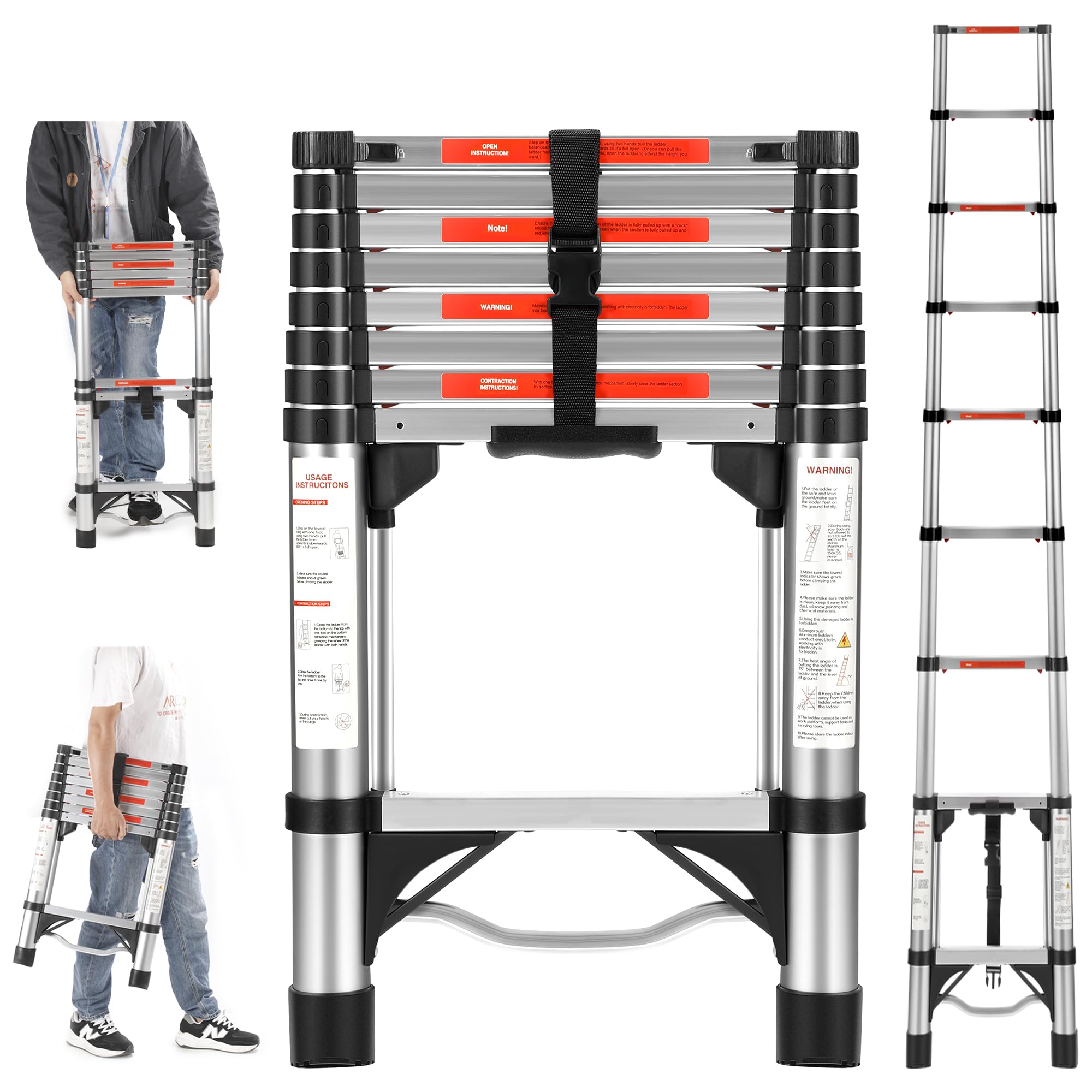 Rengue Telescoping Ladder, 8.5 FT One Button Retraction Aluminum Telescopic Collapsible Extension Extendable Ladder Portable Multi-Purpose Ladder for Home RV Loft for Outdoor Work