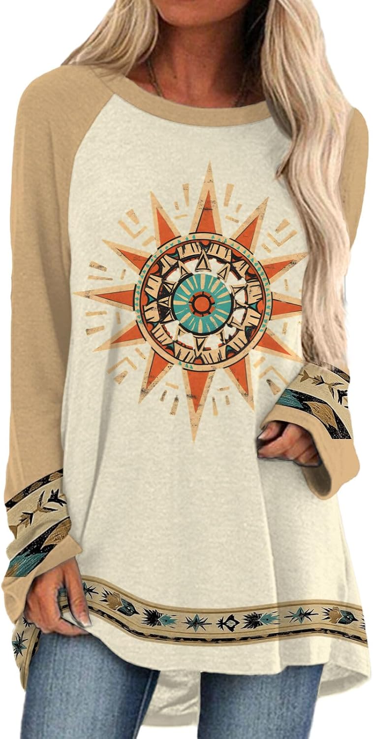 ZOCANIA Aztec Sweatshirt for Womens Long Sleeve Cow Print Shirt Women Crewneck Lightweight Loose Fit Country Hoodies