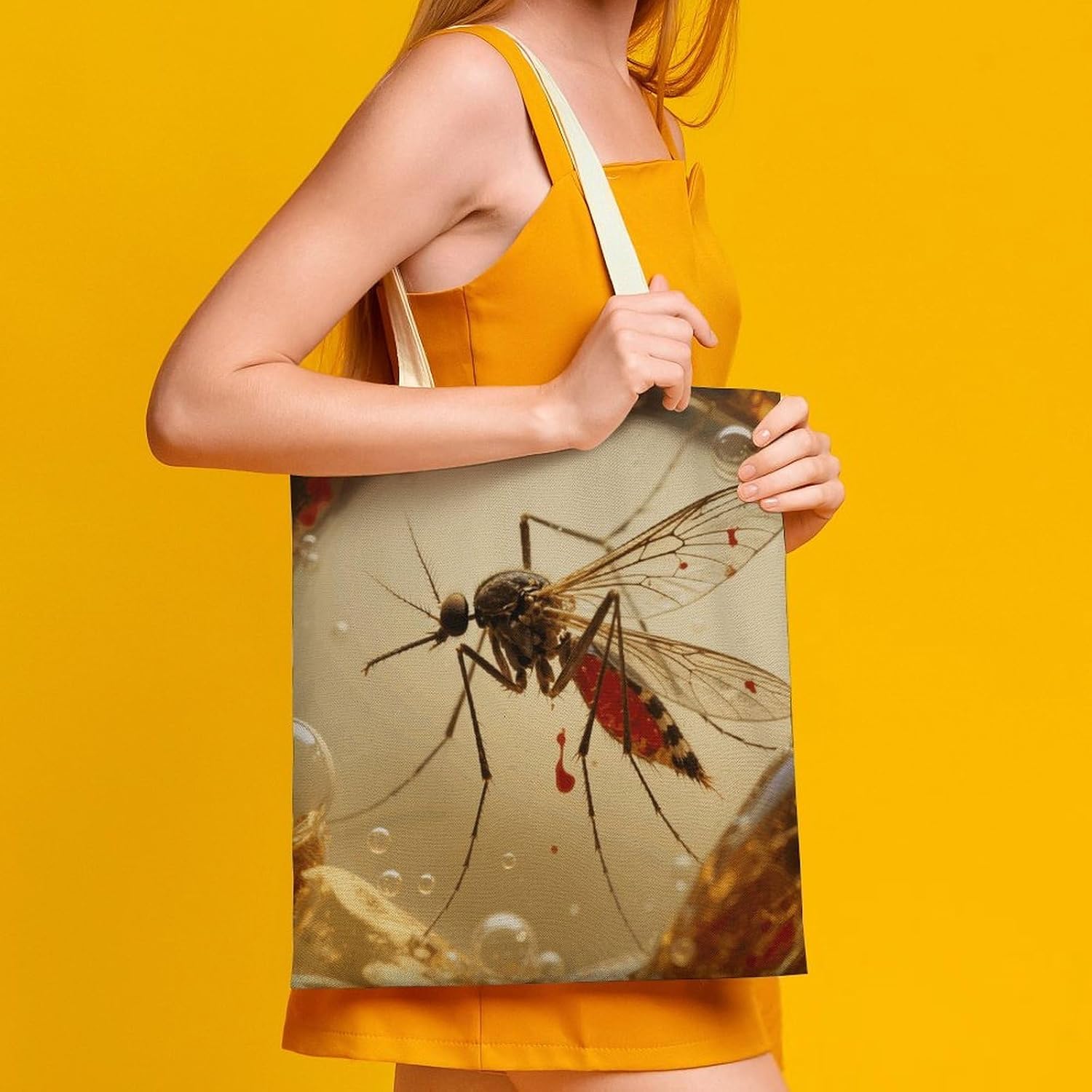 Canvas Tote Bag 16x15 In Lightweight Foldable Shoulder Hobo Purse | Amber Mosquito Fossil, Casual Tote with 10" Strap, Everyday Carryall, for Travel Work Grocery Shopping Beach Mark Gym Yoga