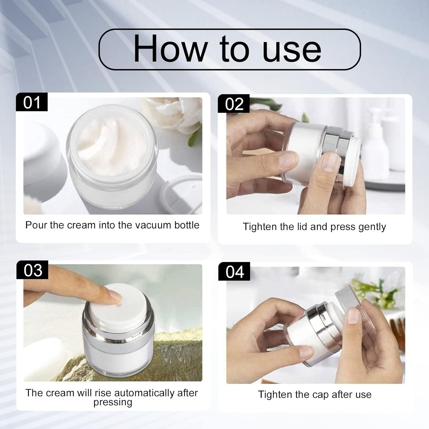 Litimkat 4 szt. Airless dozownik z pompką, 15 ml, 30 ml, do wielokrotnego napełniania, przenośny pojemnik kosmetyczny do kremu, balsamu w podróży, w domu