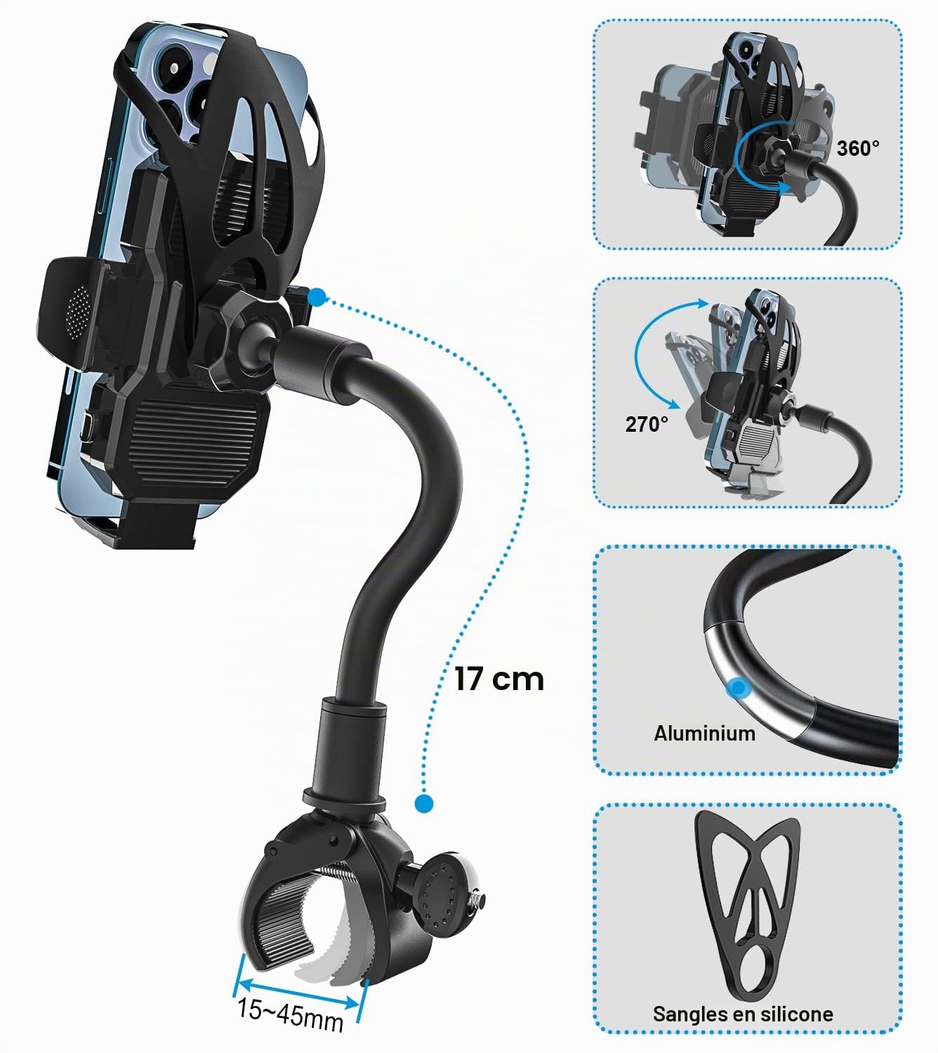Support Téléphone Velo d'Appartement, Support Téléphone Tapis de Course | avec Col de Cygne [Flexible & Rotation] Elliptique Home Trainer Guidon Support pour iPhone 17 16 Pro Max, Google Pixel 4-7"