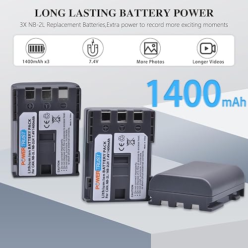 Miniatura 5 de Paquete de 3 baterías NB-2L NB-2LH y cargador USB dual NB2L para Canon DC301, DC310, DC320, DC330, DC410, DC420, Elura 40, 50, 60, 65, 70, 80, 85,