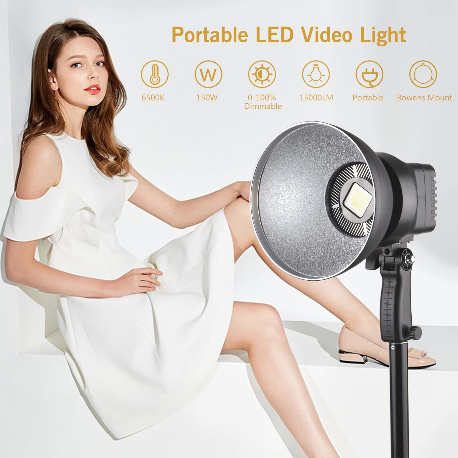 Andoer LED-Videolicht, 150 W, 6500 K, 15000 lm, CRI95 + 10 % -100 % Bowens-Halterung, dimmbar, mit 3 Filterpaneelen, Fernbedienung