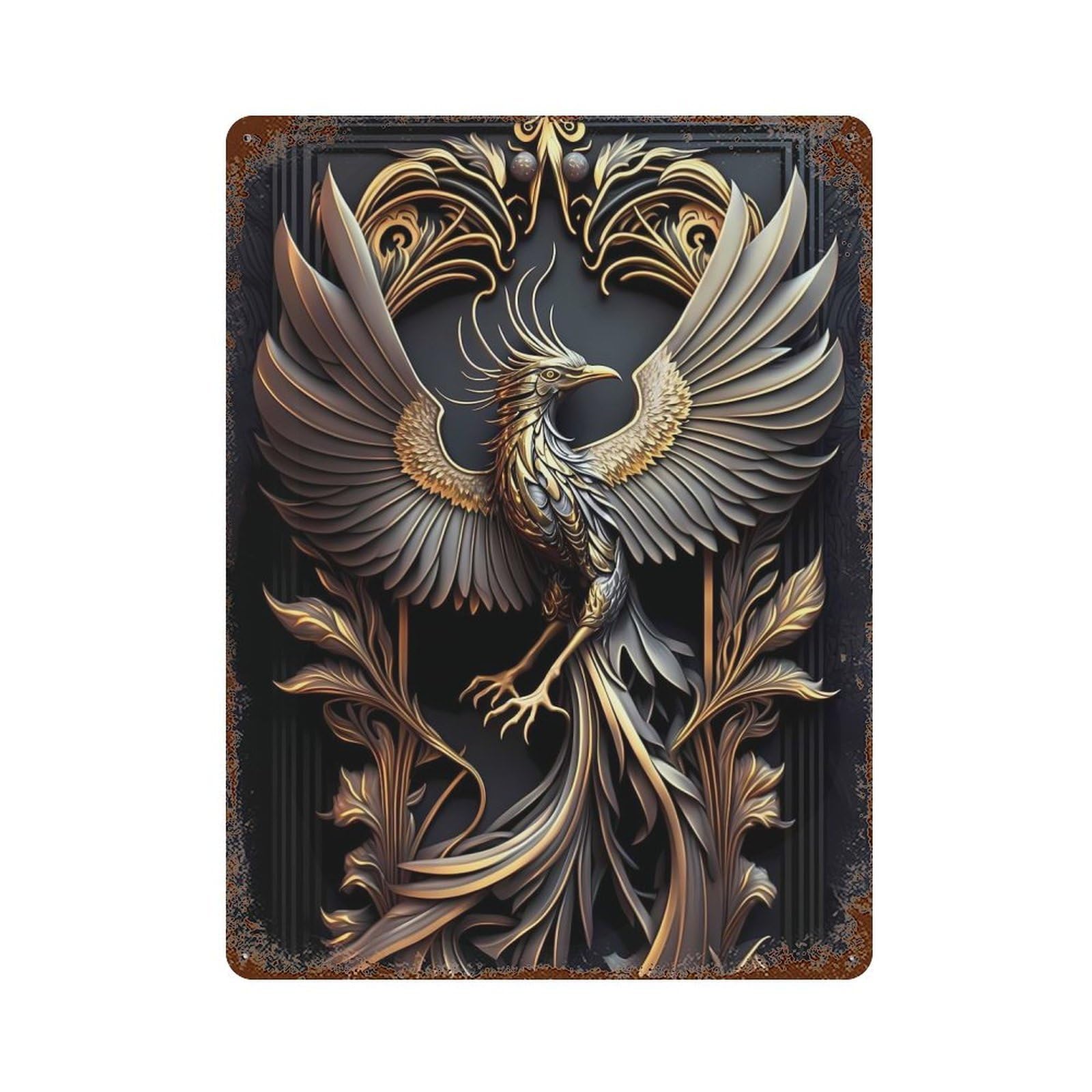 Garage Style Golden Glory Phoenix Distressed Metal Wall Sign 15.7"x11.8", Shabby Chic Decor for Bar And Workshop