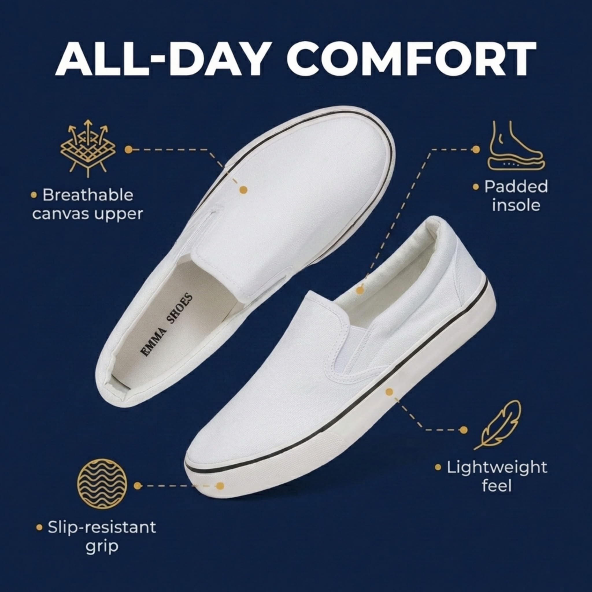 Emma Shoes Low-Top Slip Ons Women's Fashion Sneakers Casual Canvas Sneakers for Women Comfortable Flats Breathable Padded Insole Slip on Sneakers Women Low Slip on Shoes, White, 9