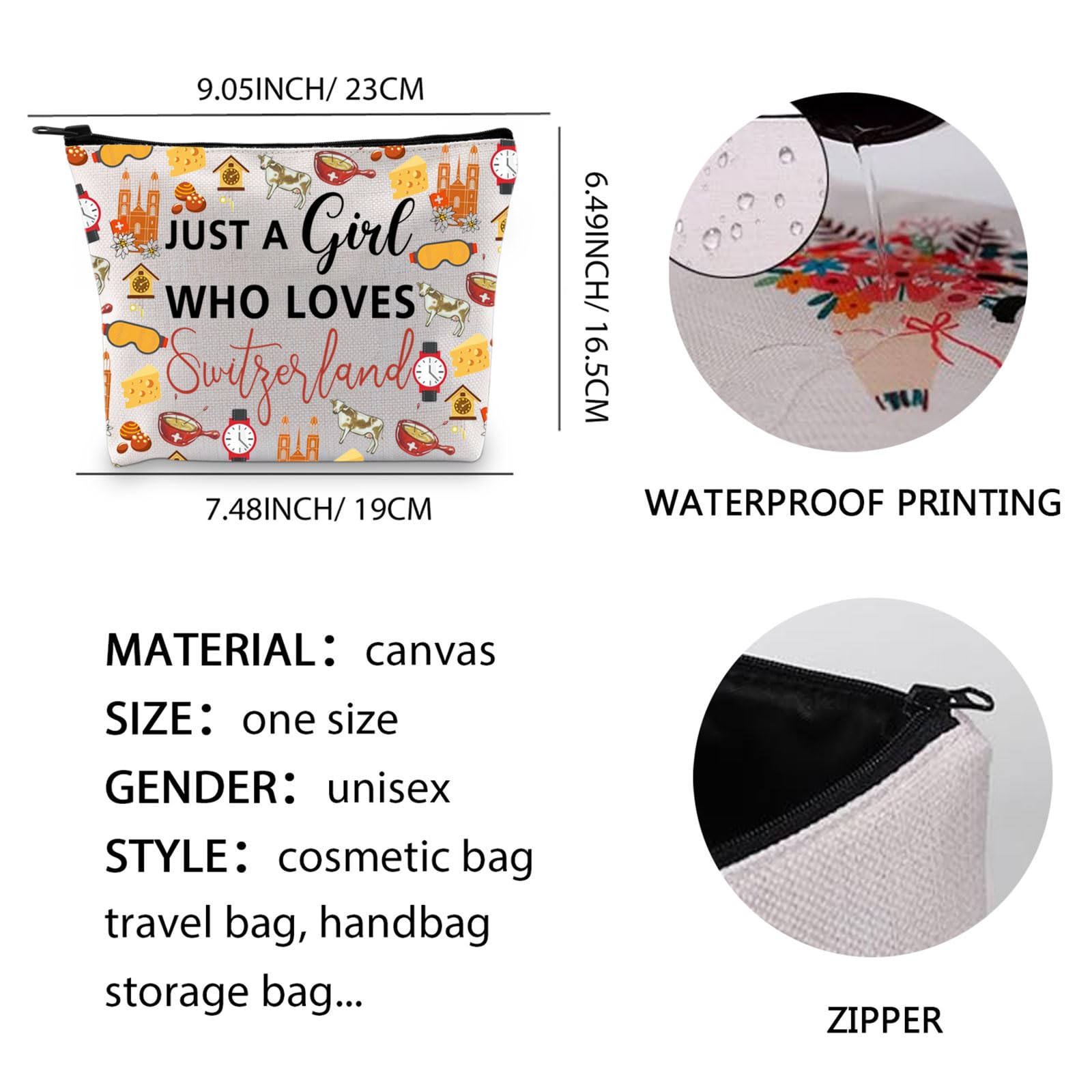 Switzerland Cosmetic Makeup Bag Switzerland Travel Vacation Gift Switzerland Souvenir Gift for Girl Switzerland Travel Bag (Switzerland 1UK) - Image 2