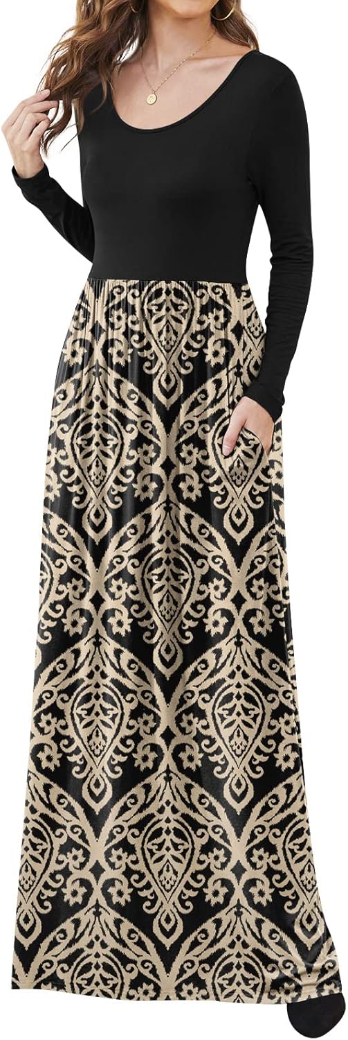 DB MOON Women Casual Long Sleeve Maxi Dresses Empire Waist Long Dress with Pockets