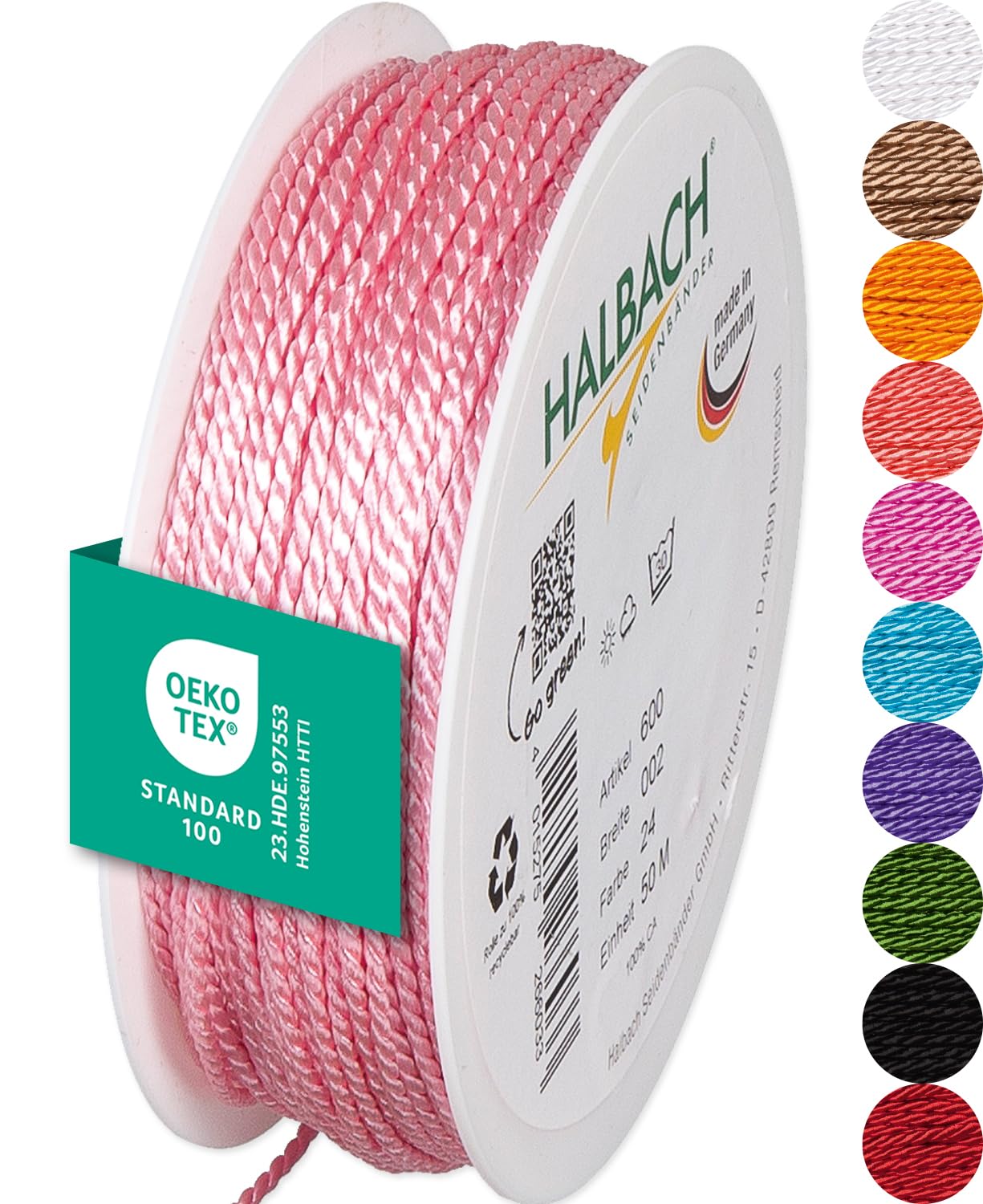 Halbach Seidenbänder Premium Kordel (Hellrosa) | Breite 2mm Länge 50m | Made in Germany & Öko-Tex Zertifiziert | glänzende Satinkordel aus Acetat
