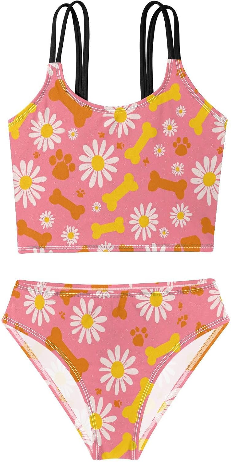 visesunny Girls Two Piece Swimsuits Cute Daisy Dog Bone Girl's Bikini Sets Bathing Suits for Girls Size 5-12Y
