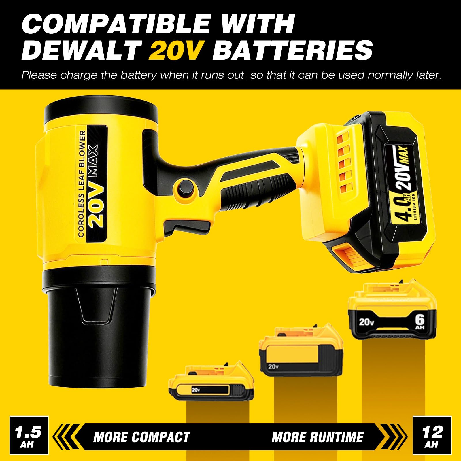 Soplador de hojas inalámbrico, sopladores de hojas de 20 V con batería de 4.0 Ah tubo de soplador giratorio con poste ajustable (98 pulgadas) 580 CFM/180 MPH y herramientas de limpieza de canalones de