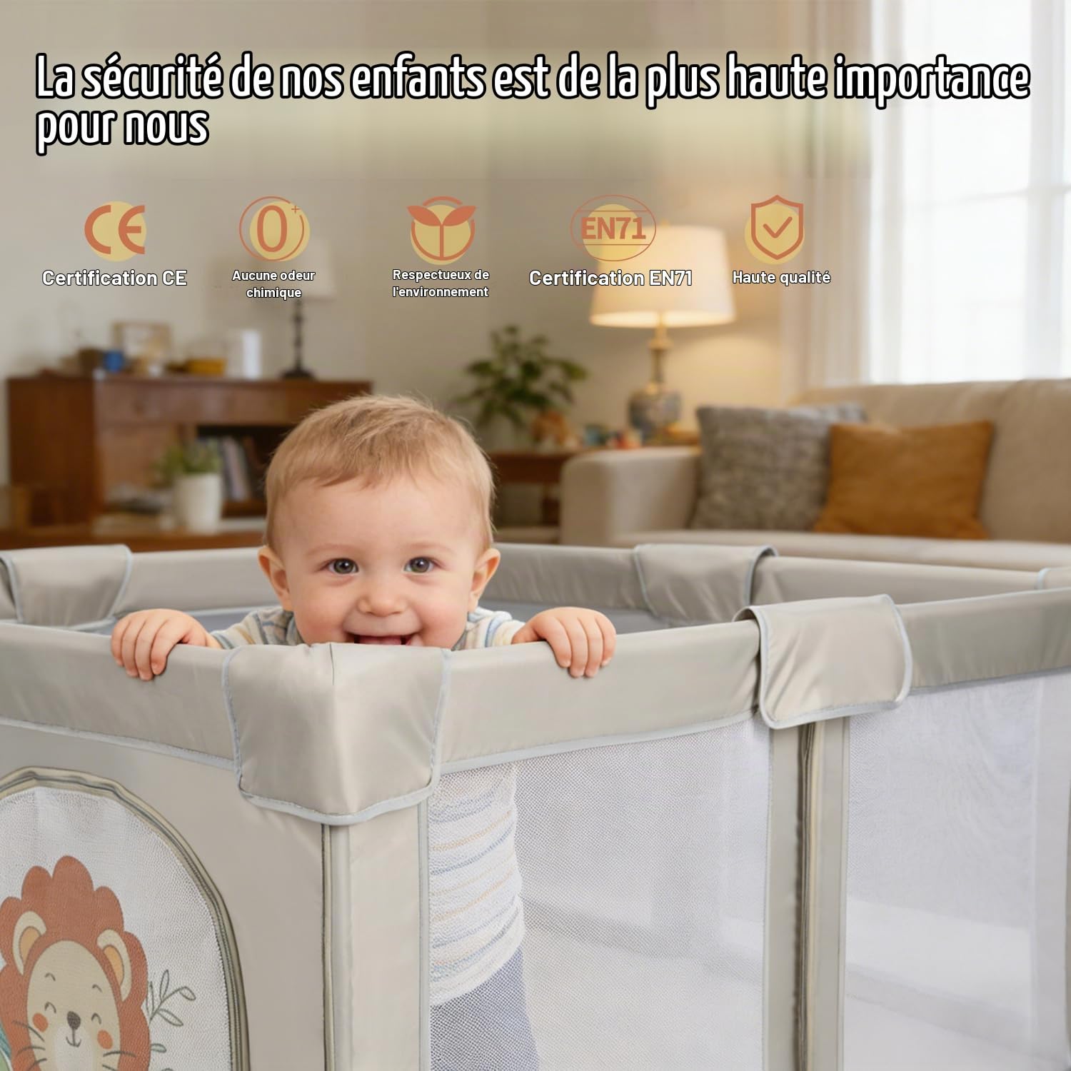Parc Bébé Pliable 150x150x70 avec Tapis, Jusqu'à 40KG, Parc Bebe 360° Filet Respirant, Ventouse Base, Sûr et Portable Centre d'Activités pour Enfants, Adapté Intérieur Extérieur, Lion