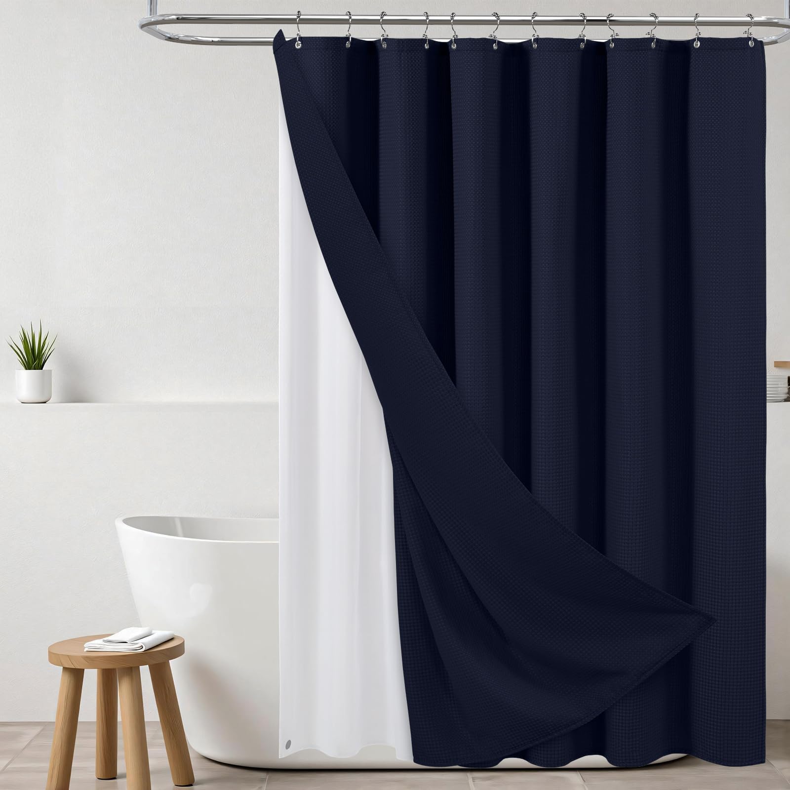 Ensemble de rideau de douche 3 en 1 à texture gaufrée avec doublure imperméable revêtue de TPU et 12 crochets double face améliorés, tailles bien assorties pour un ajustement parfait – Bleu