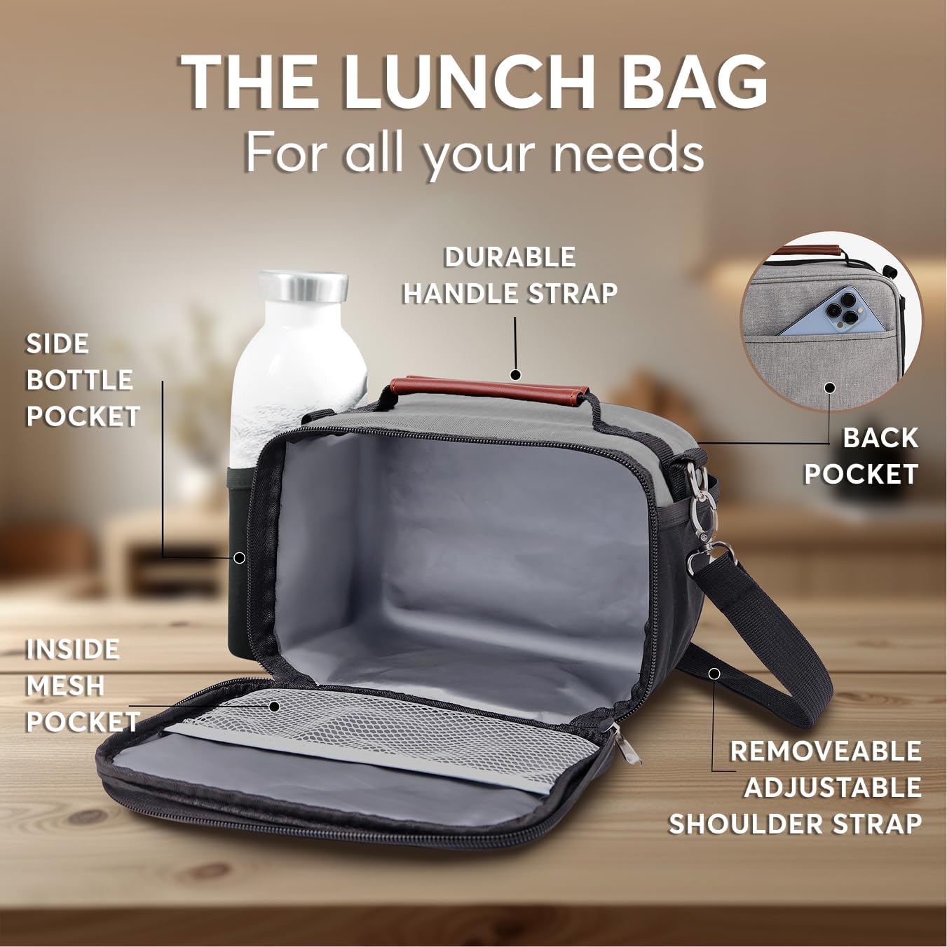 Umami Adult Lunch Box for Women/Men, Small Insulated Bag, Perfect Capacity, Reusable & Easy to Clean Office Lunch Bag for Women/Men, Practical Cooler Tote, Gray - Image 6