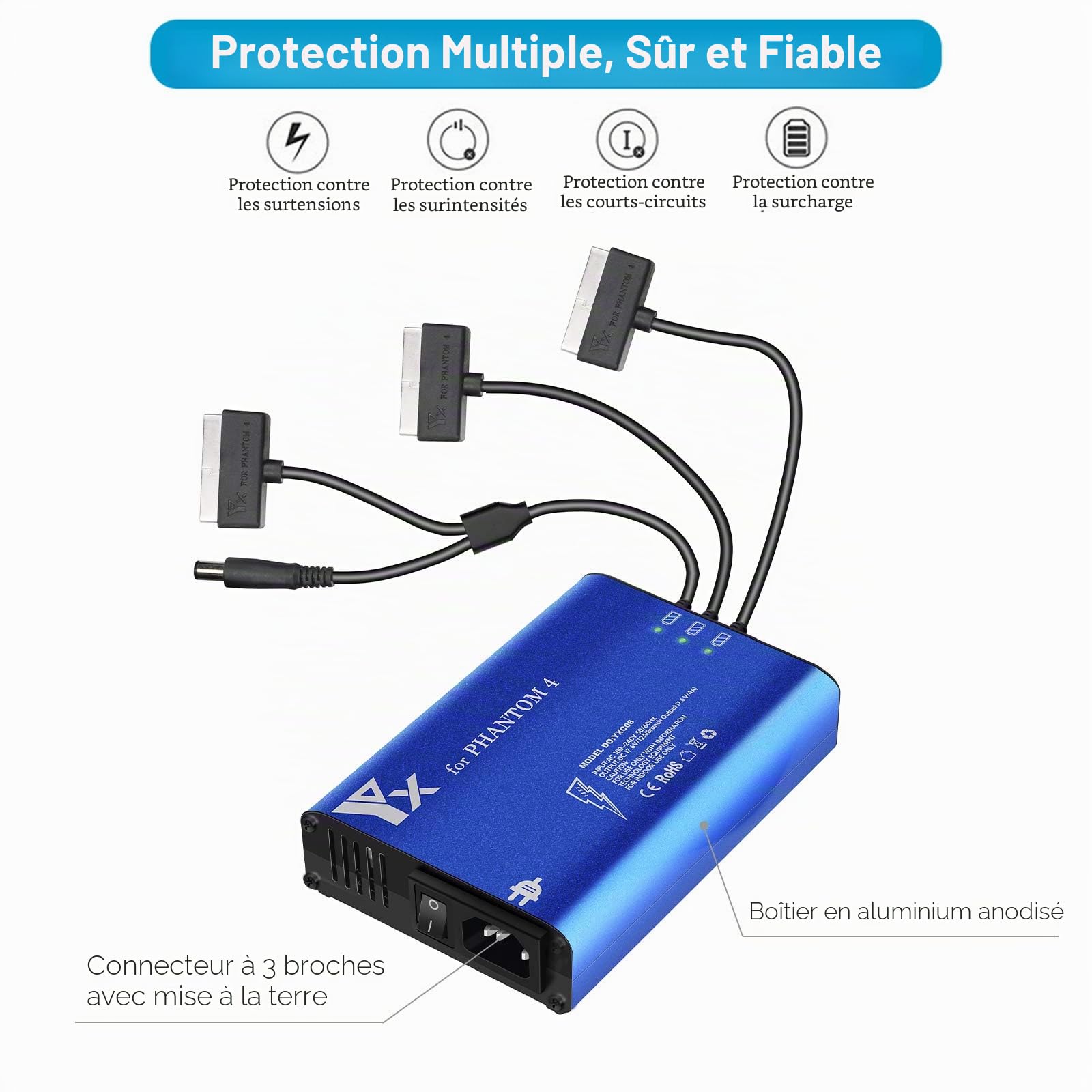 Chargeur de Batterie pour DJI Phantom 4 Advanced/Pro Drone, Charge 3 Piles et Radiocommande Simultanément, Station de Recharge Hub Accessoires