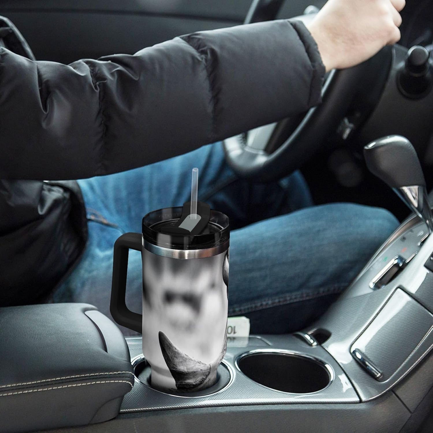 Joisal Tumblers with Lid and Straw Rhino Black White Photo Rhino Tumbler with Handle 30 Oz Reusable Insulated Water Bottles Stainless Steel Cars Coffee Cup Hot Drink