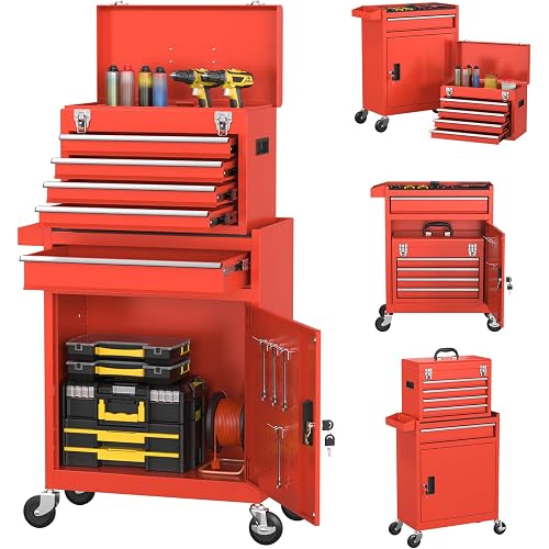 5 Drawer Rolling Tool Chest, Large Capacity Rolling Tool Box with Wheels, Locking Mechanical Tool Chest, Portable Tool Box with Sliding Drawers for Garage Workshop and Tool Room (Red)