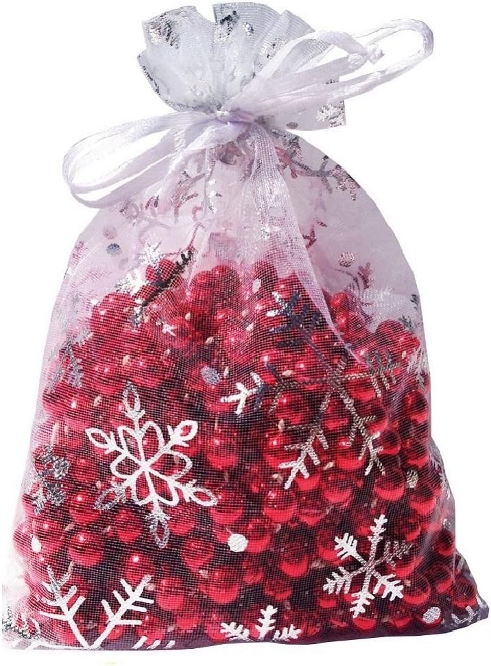 Wudygirl 100pcs 5X7 Inches Xmas Drawstring Organza Bag Snow White Pouches Party Wedding Favor Seashell Chocolates Bags (100pcs Snowflake 5×7) (Snowflake)