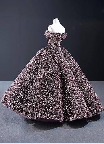 Miniatura 5 de Mollybridal Vestido de fiesta de quinceañera con lentejuelas con purpurina y cuello en V y hombros descubiertos, vestido formal de graduación 2025