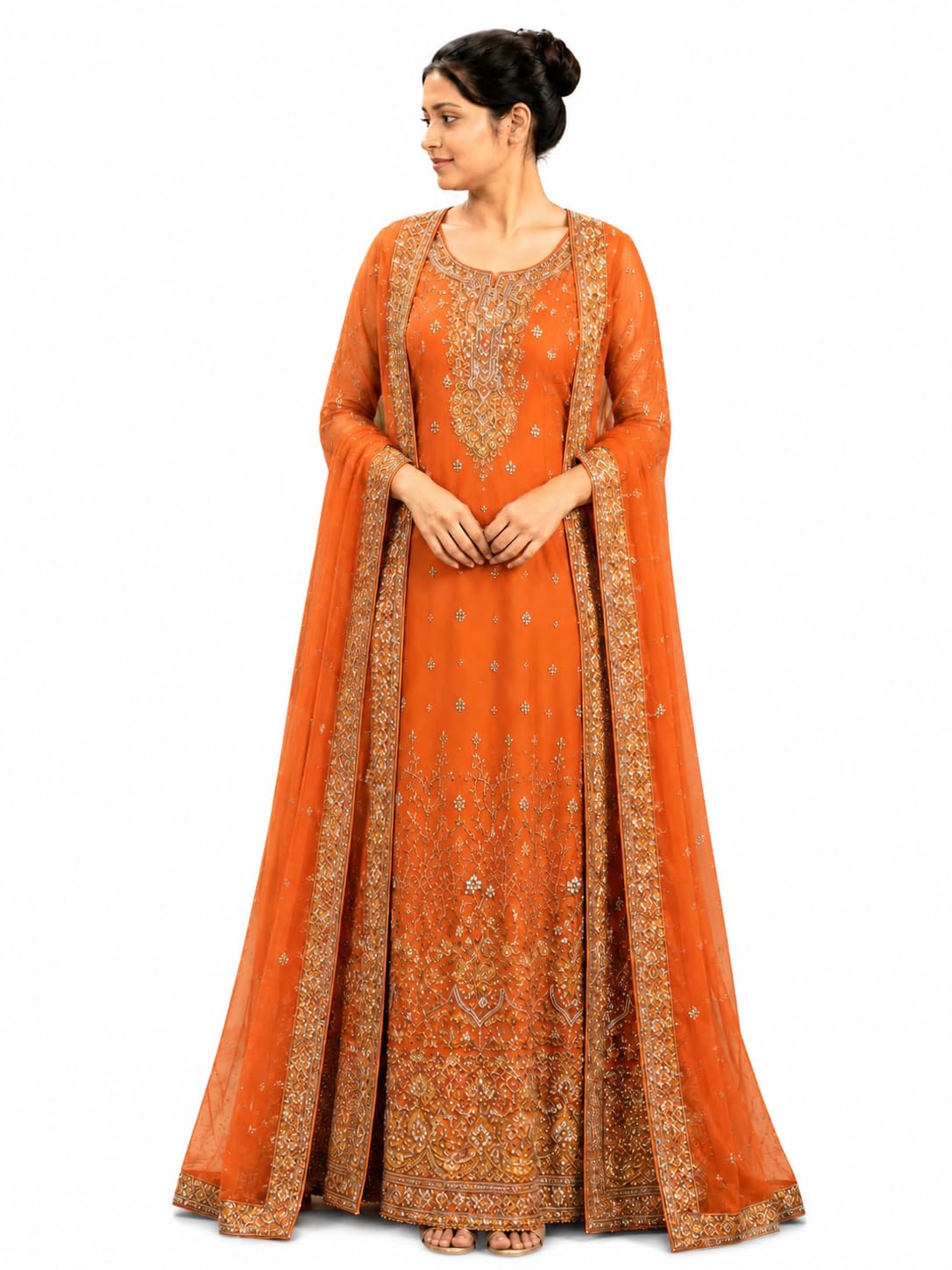 Women’s Orange Embroidered Anarkali Suit with Dupatta | Heavy Ethnic Gown | Back Design Full Length Dress-picture-31
