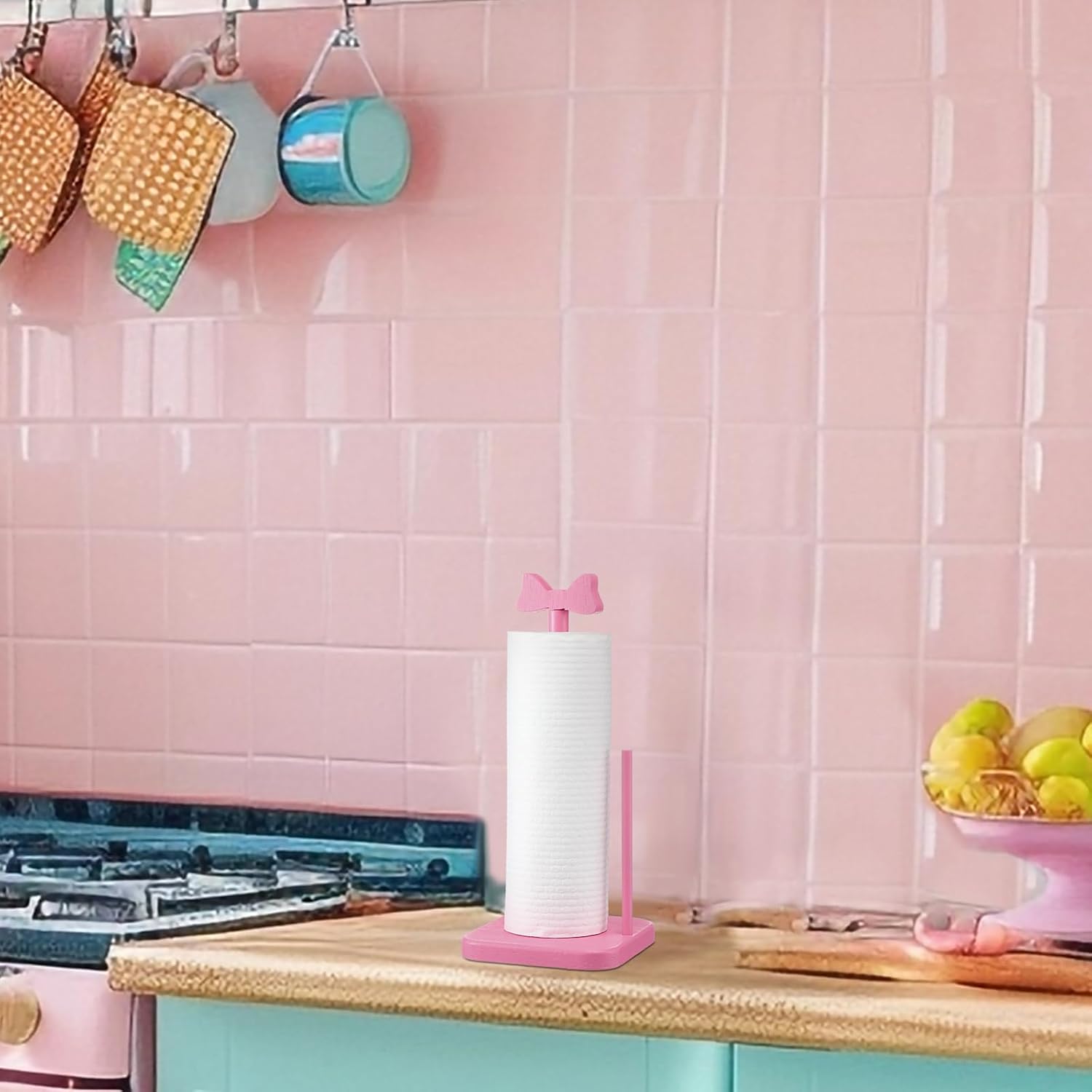Leinuosen Pink Bow Paper Towel Holder Coquettish Cute Bow Wooden Paper Towel Holder Pink Bathroom Countertop Accessories Kitchen Roll Stand Organizer Standing Apartment Decor Housewarming Gift